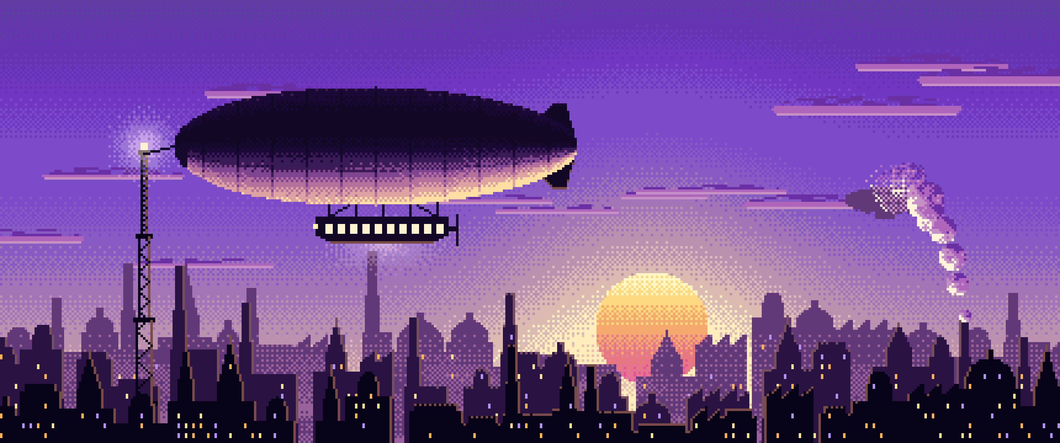 Purple Pixel Art Steampunk Airship at Sunset ultrawide wallpaper, 3440 × 1440