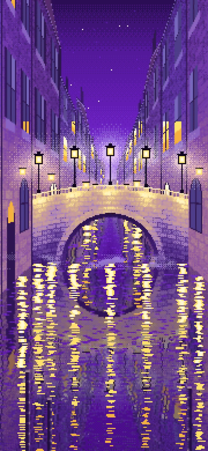 Purple Pixel Art Street Lamps on a Canal Bridge at Night wallpaper for iPhone and Android