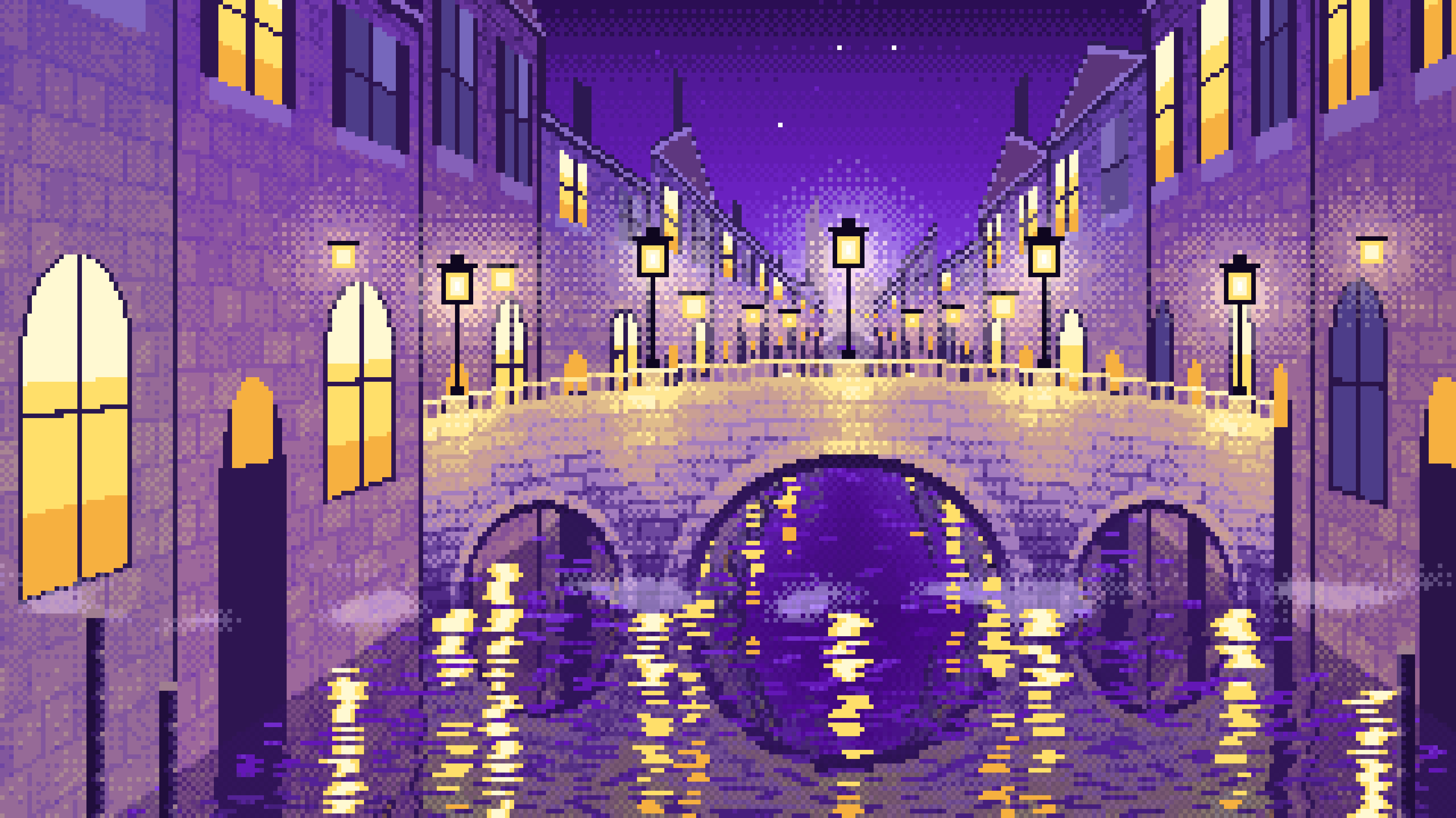 Purple Pixel Art Street Lamps on a Canal Bridge at Night desktop wallpaper in 4K