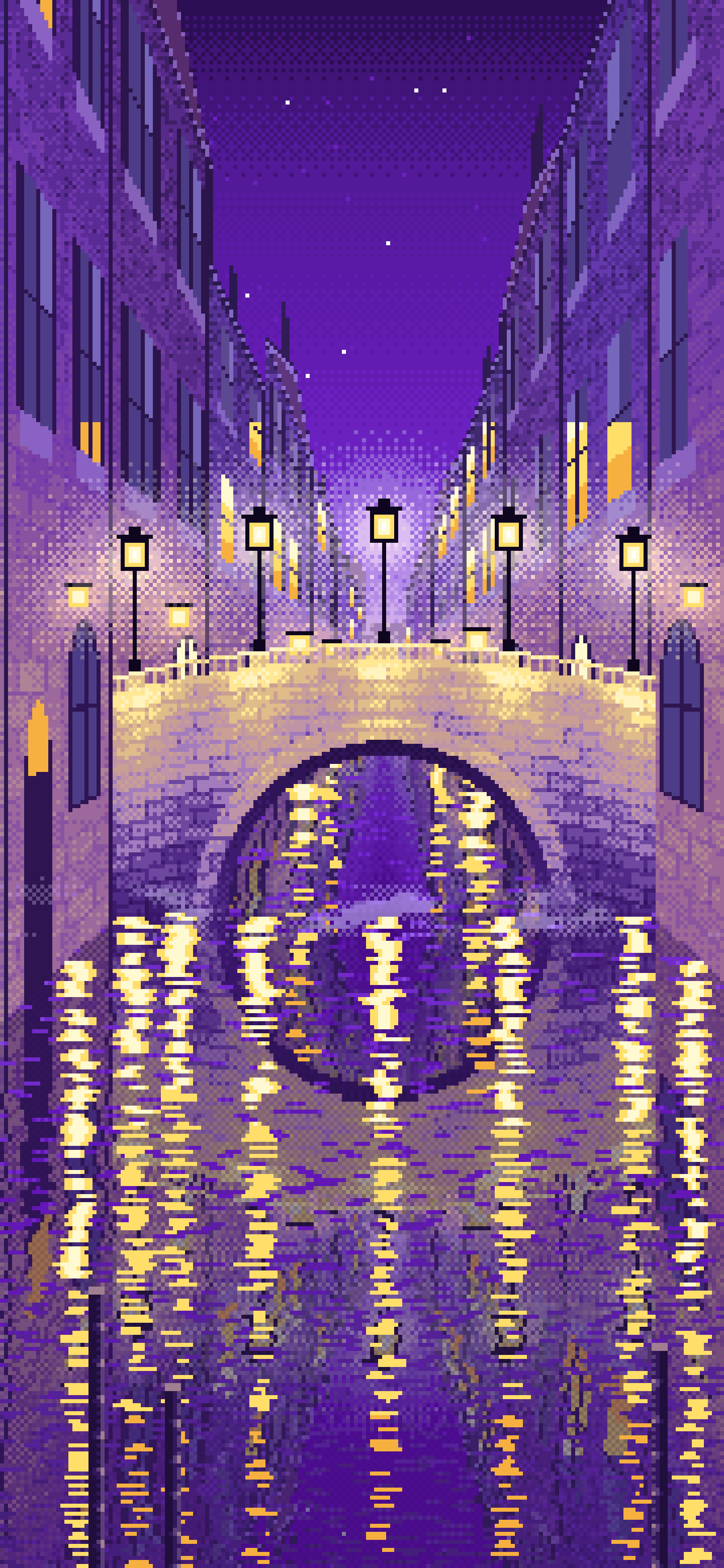Purple Pixel Art Street Lamps on a Canal Bridge at Night wallpaper for iPhone and Android