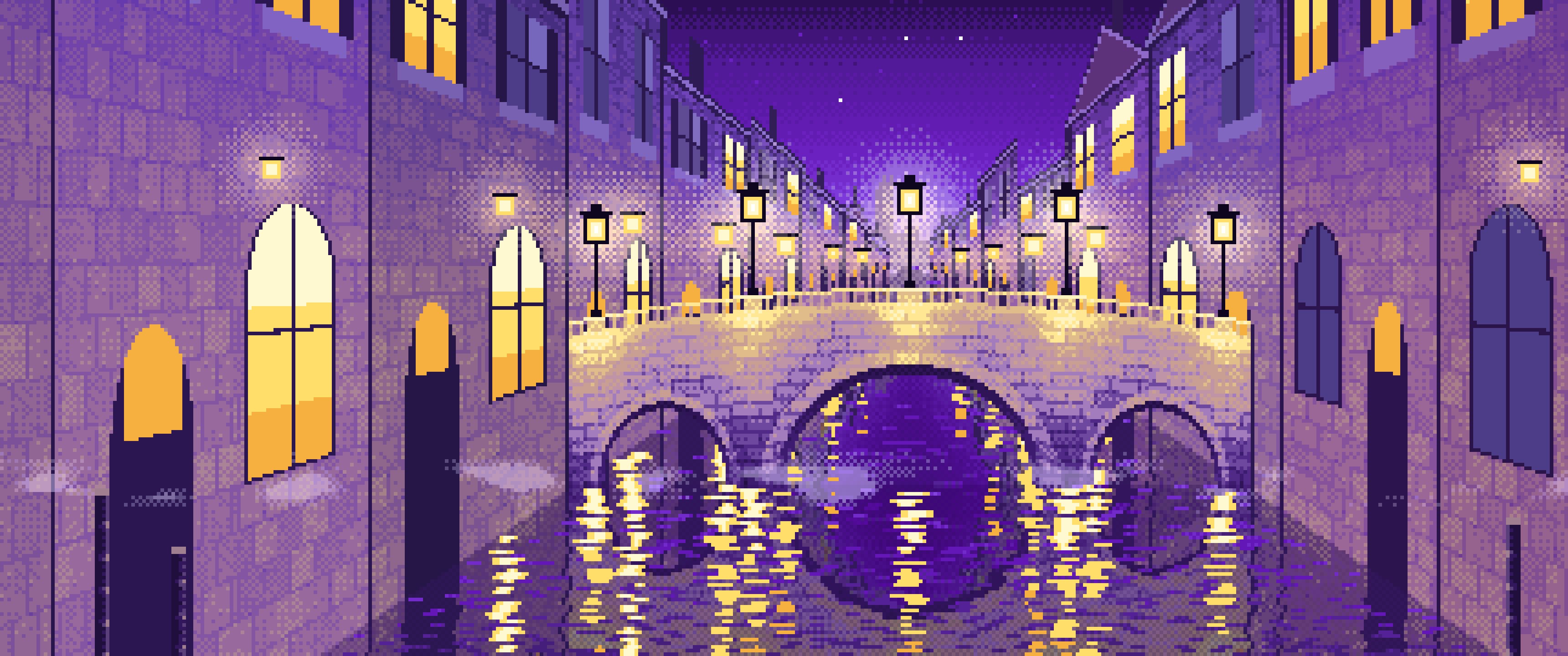 Purple Pixel Art Street Lamps on a Canal Bridge at Night ultrawide wallpaper, 3440 × 1440