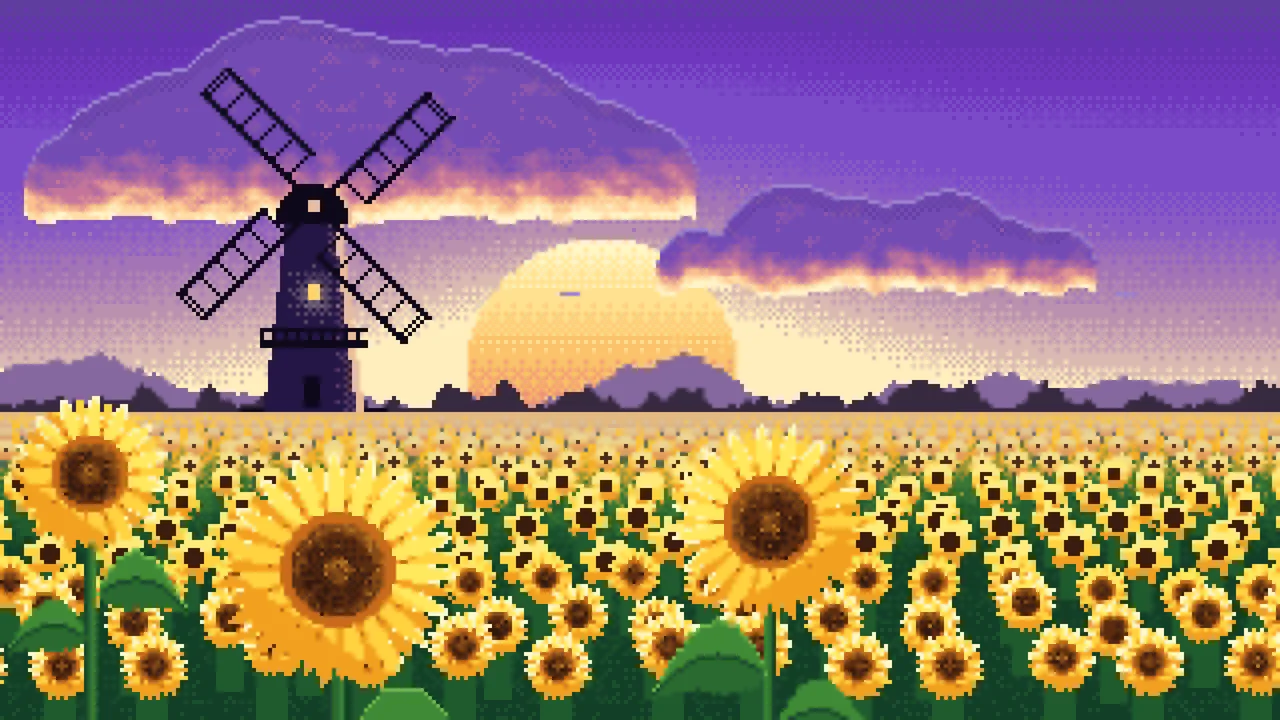 Purple Pixel Art Sunflower Field and Windmill at Sunset desktop wallpaper in 4K