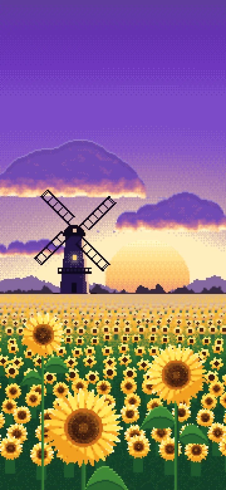 Purple Pixel Art Sunflower Field and Windmill at Sunset wallpaper for iPhone and Android