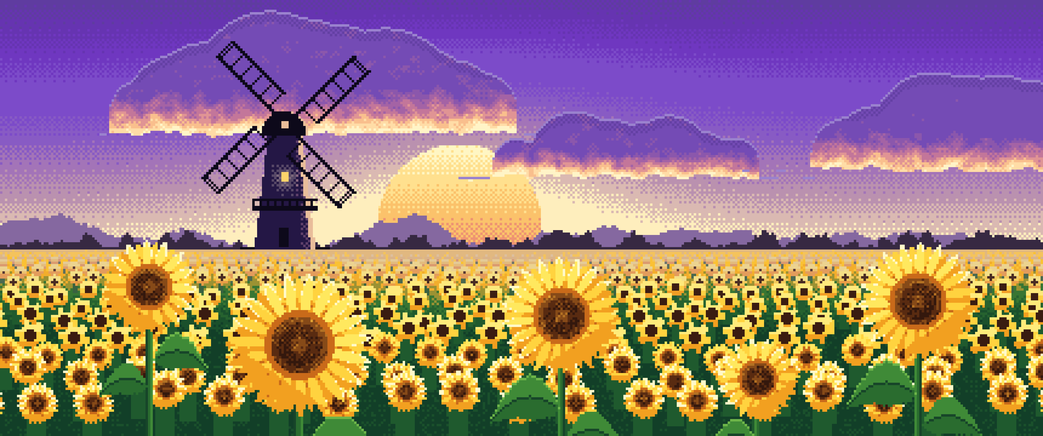 Purple Pixel Art Sunflower Field and Windmill at Sunset ultrawide wallpaper, 3440 × 1440
