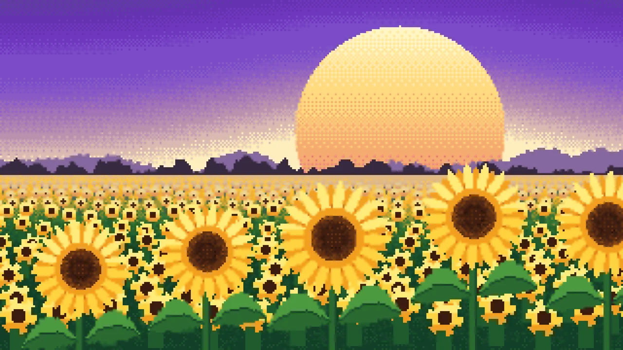 Purple Pixel Art Sunflower Field desktop wallpaper in 4K