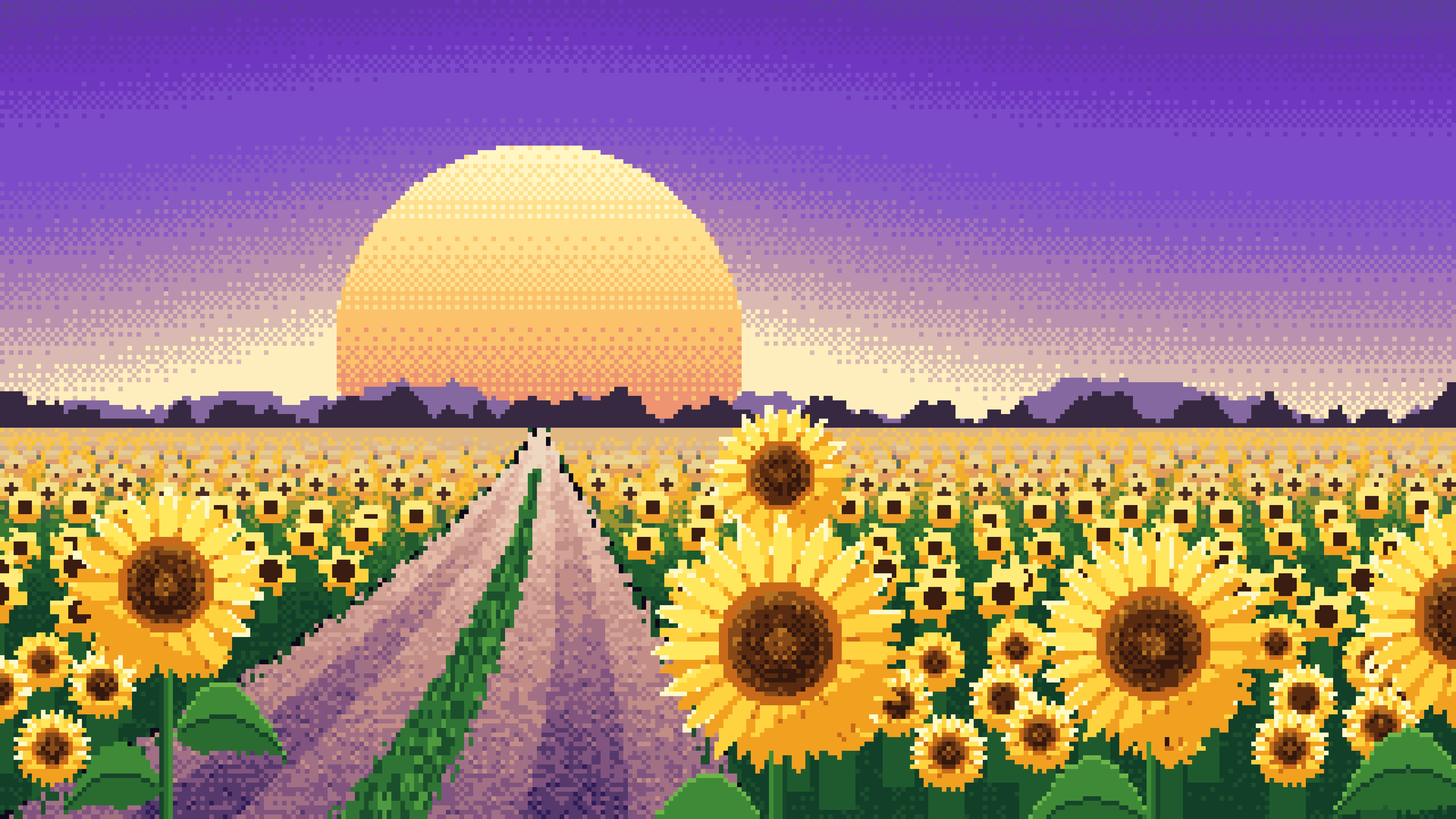 Purple Pixel Art Sunflower Field Road at Sunset desktop wallpaper in 4K