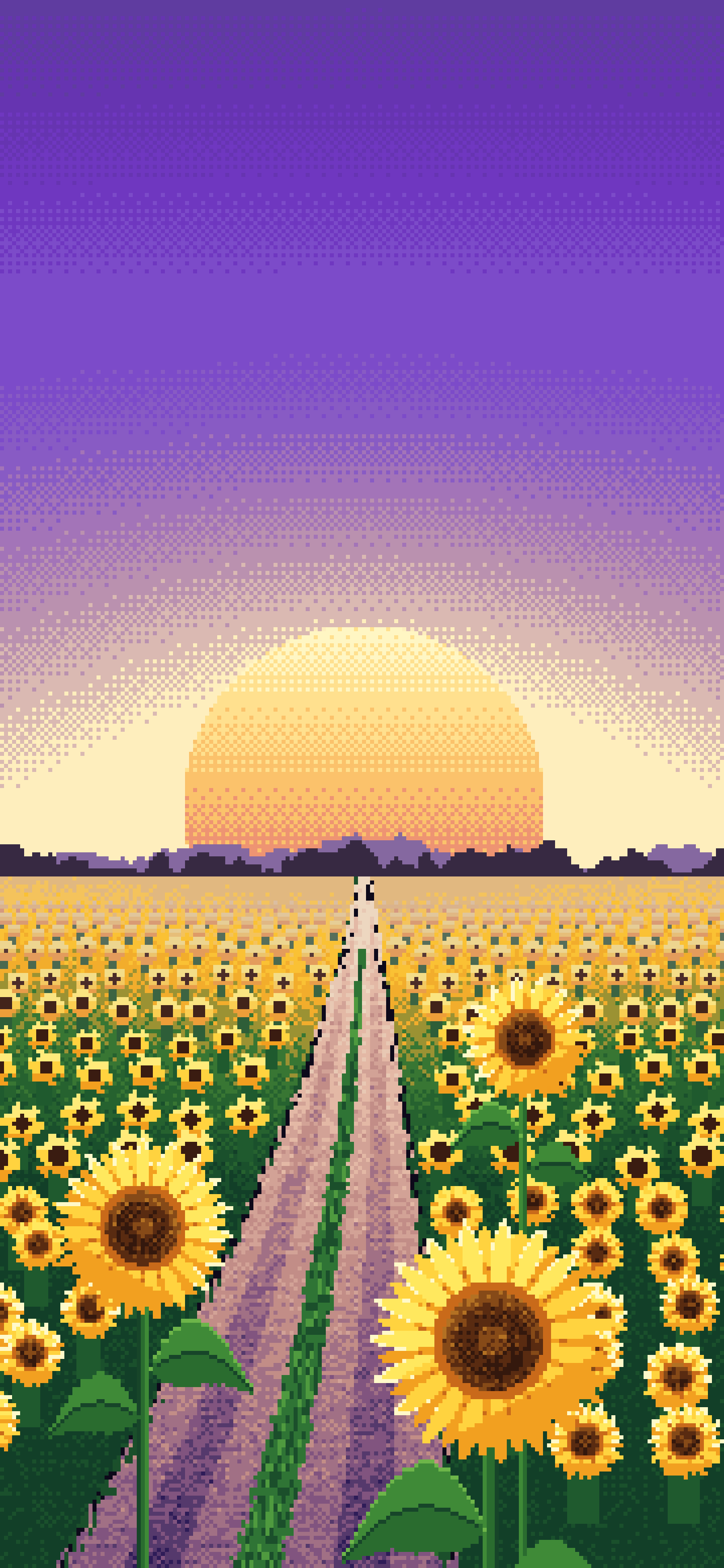 Purple Pixel Art Sunflower Field Road at Sunset wallpaper for iPhone and Android