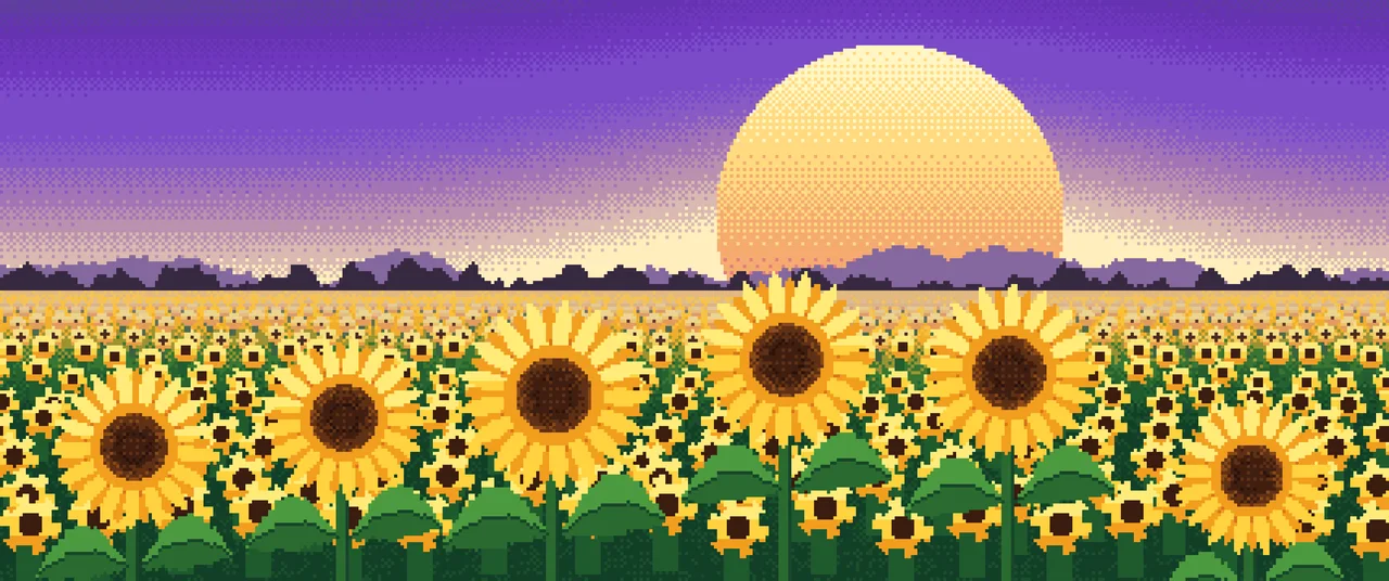 Purple Pixel Art Sunflower Field ultrawide wallpaper, 3440 × 1440