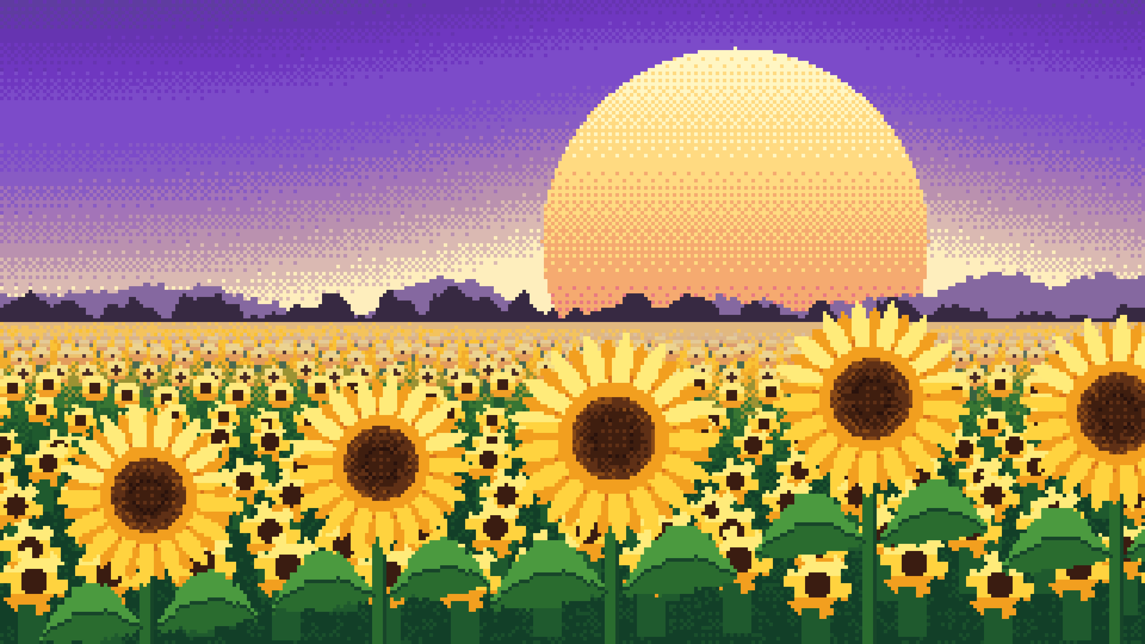 Purple Pixel Art Sunflower Field desktop wallpaper in 4K