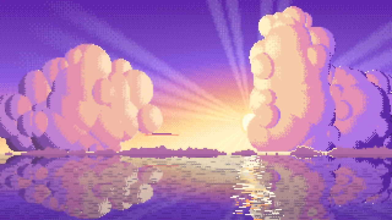 Purple Pixel Art Sunset Clouds Over the Ocean desktop wallpaper in 4K