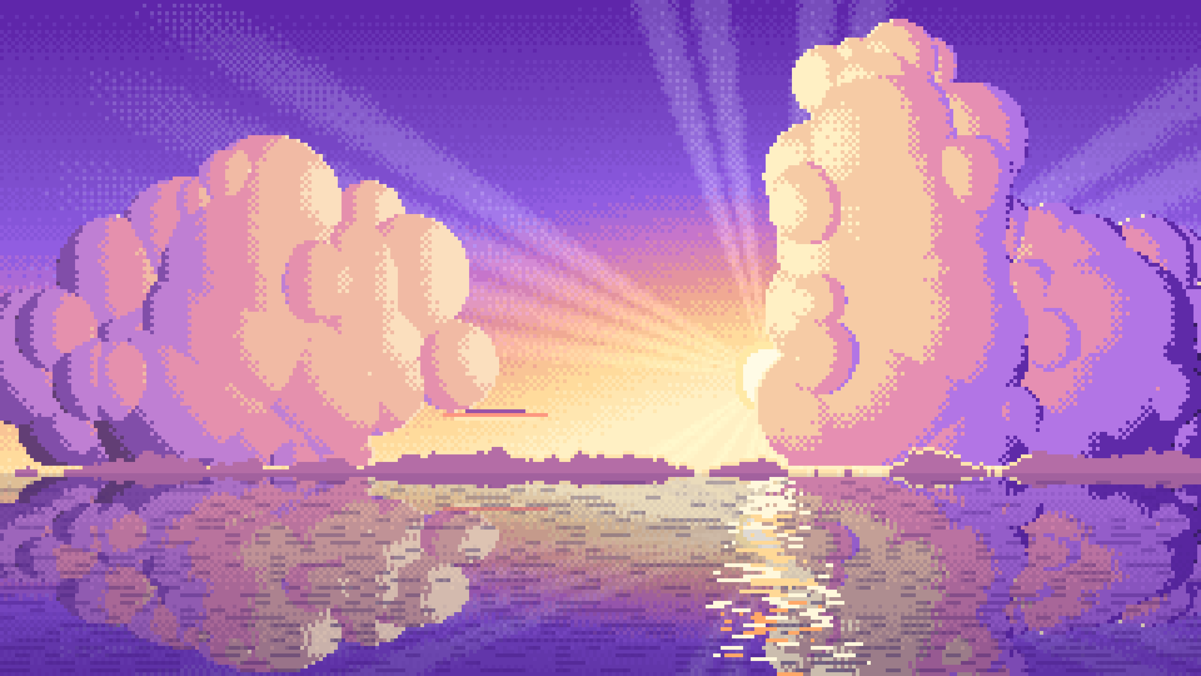 Purple Pixel Art Sunset Clouds Over the Ocean desktop wallpaper in 4K