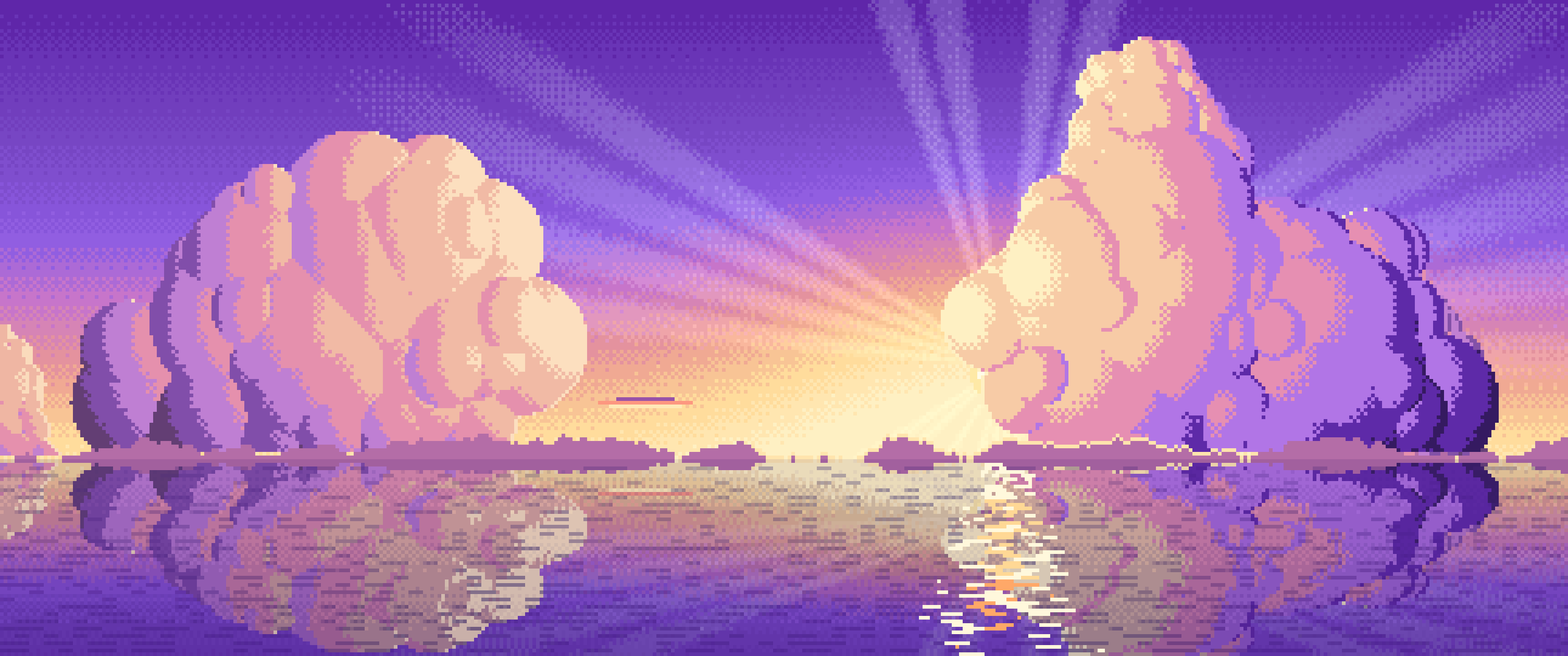 Purple Pixel Art Sunset Clouds Over the Ocean ultrawide wallpaper, 3440 × 1440