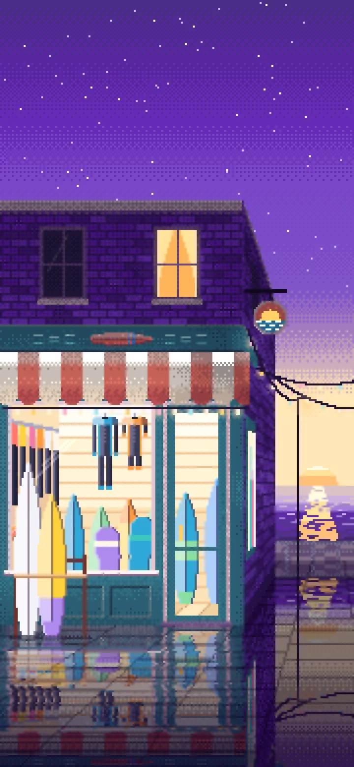Purple Pixel Art Surf Shop wallpaper for iPhone and Android