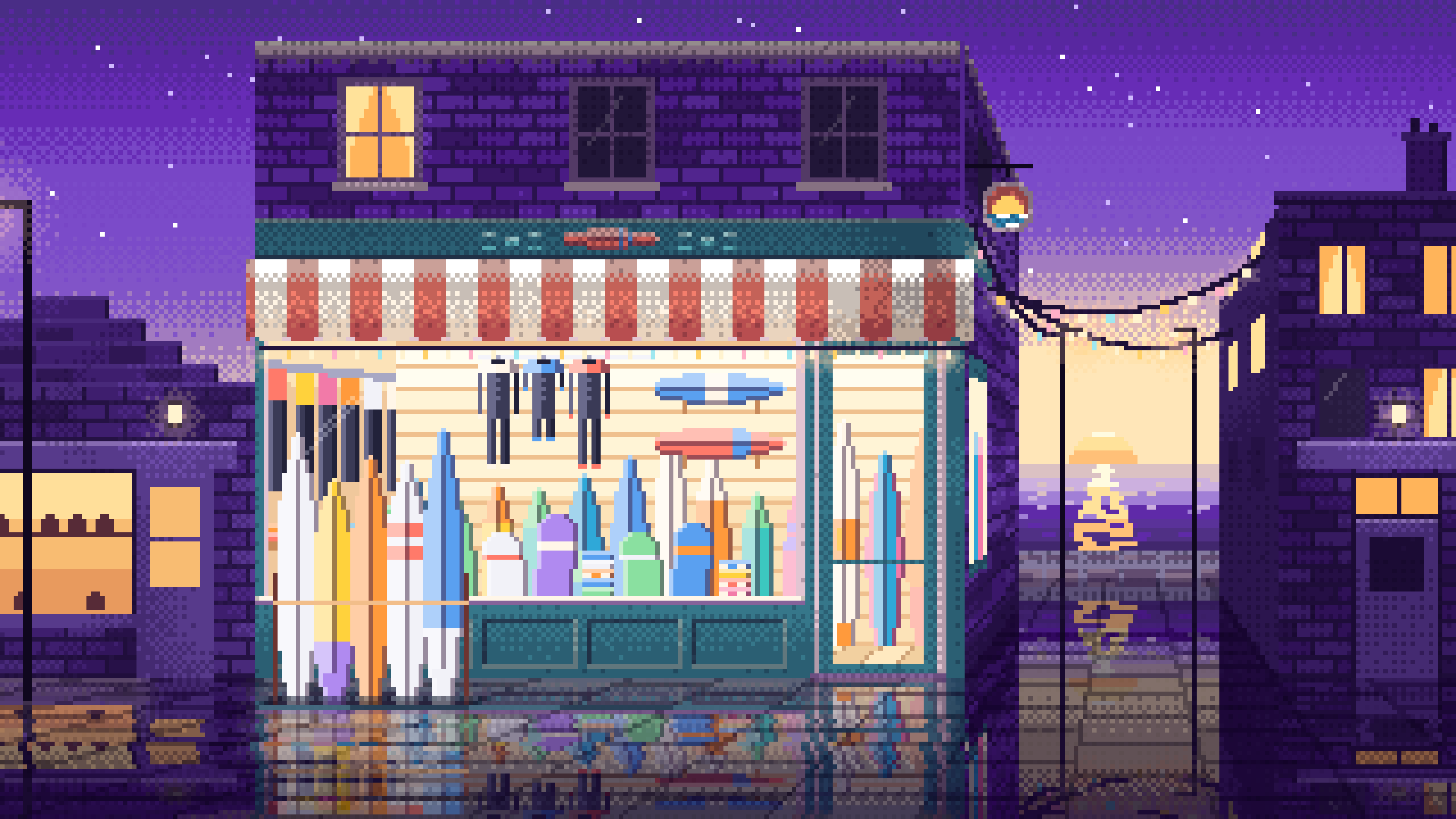 Purple Pixel Art Surf Shop desktop wallpaper in 4K