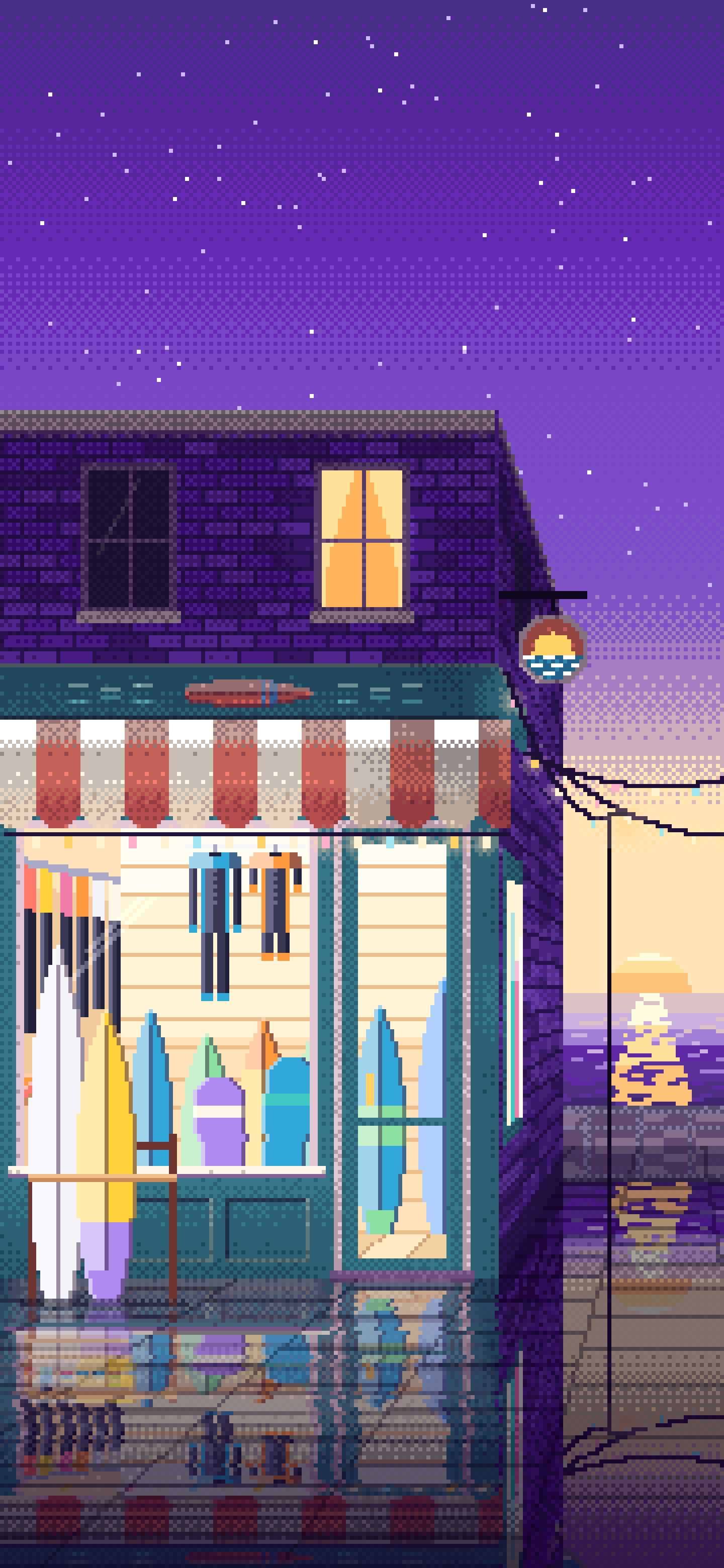 Purple Pixel Art Surf Shop wallpaper for iPhone and Android