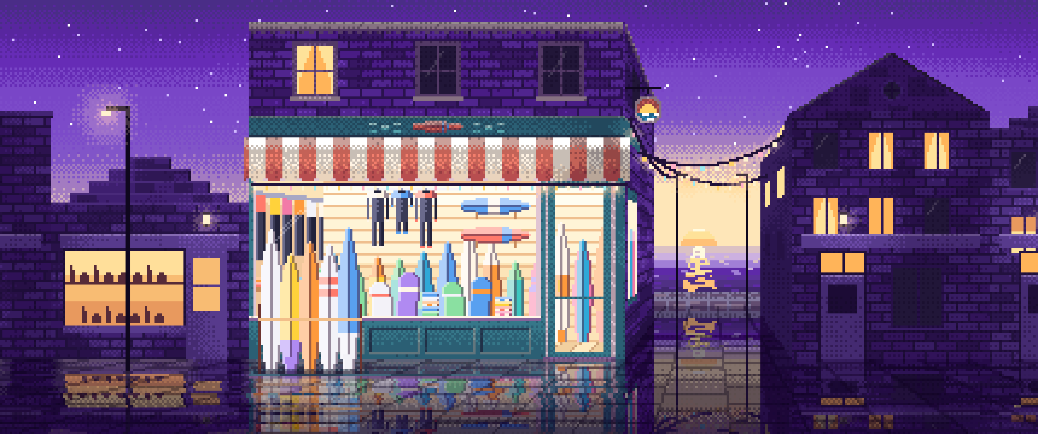 Purple Pixel Art Surf Shop ultrawide wallpaper, 3440 × 1440