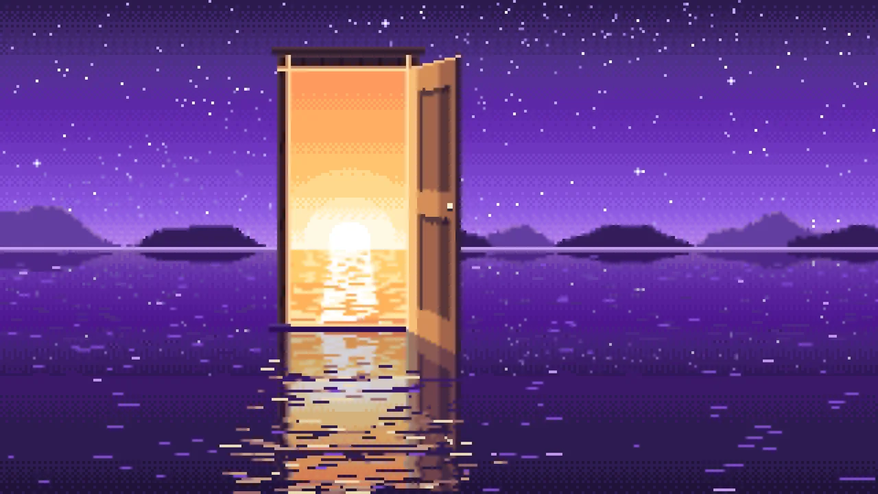 Purple Pixel Art Surreal Door on a Lake at Night desktop wallpaper in 4K