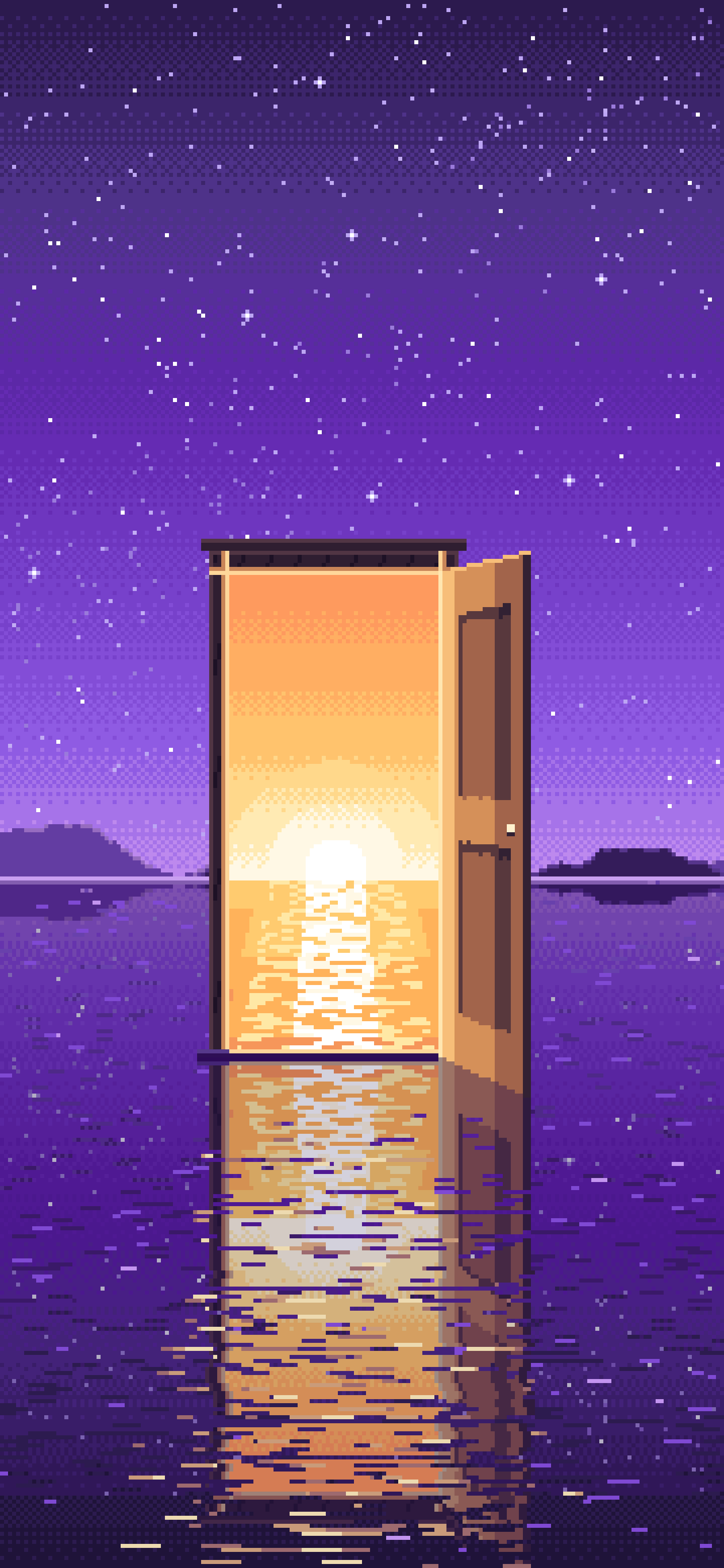 Purple Pixel Art Surreal Door on a Lake at Night wallpaper for iPhone and Android