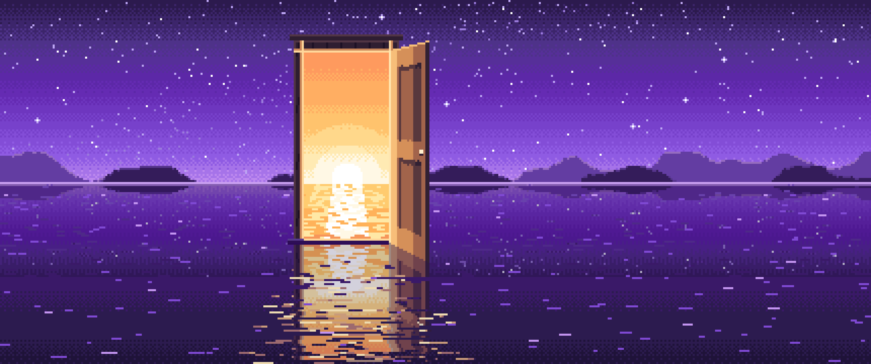 Purple Pixel Art Surreal Door on a Lake at Night ultrawide wallpaper, 3440 × 1440
