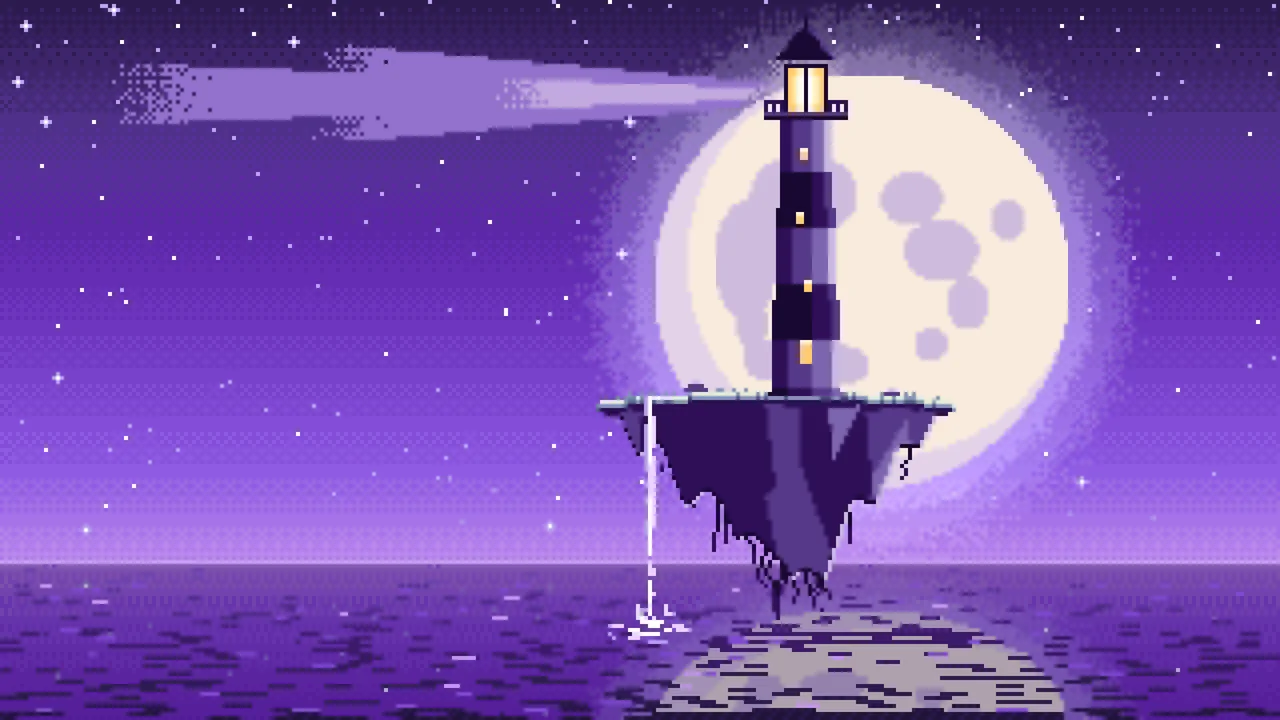 Purple Pixel Art Surreal Lighthouse on a Floating Island desktop wallpaper in 4K
