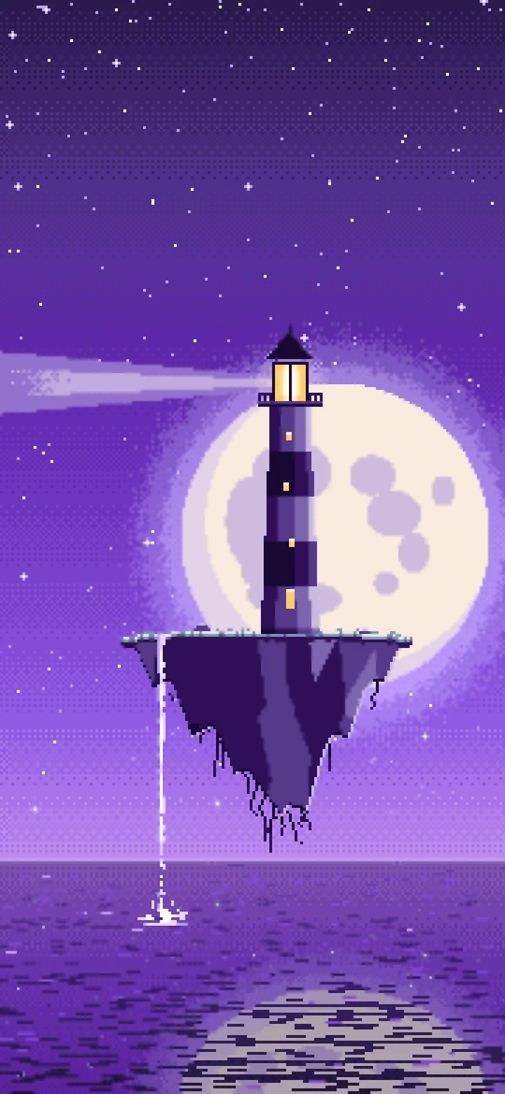 Purple Pixel Art Surreal Lighthouse on a Floating Island wallpaper for iPhone and Android