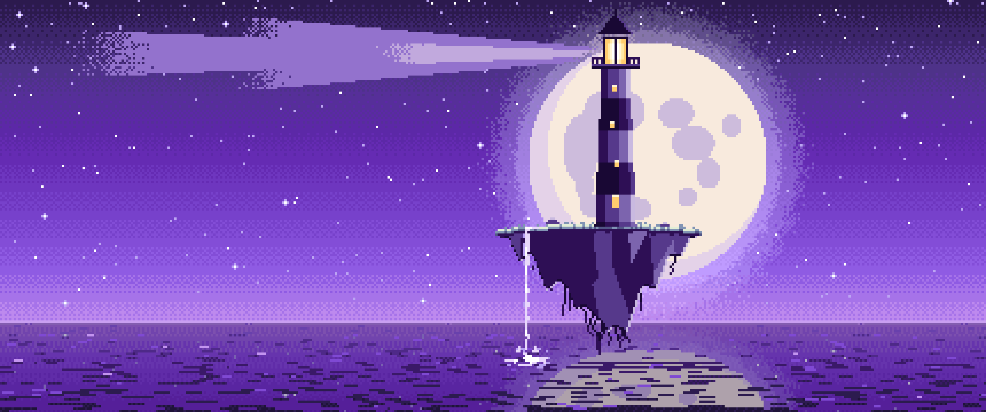 Purple Pixel Art Surreal Lighthouse on a Floating Island ultrawide wallpaper, 3440 × 1440