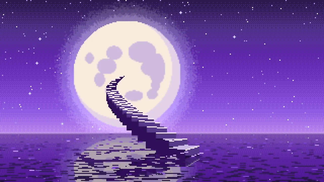 Purple Pixel Art Surreal Stairway to the Moon desktop wallpaper in 4K