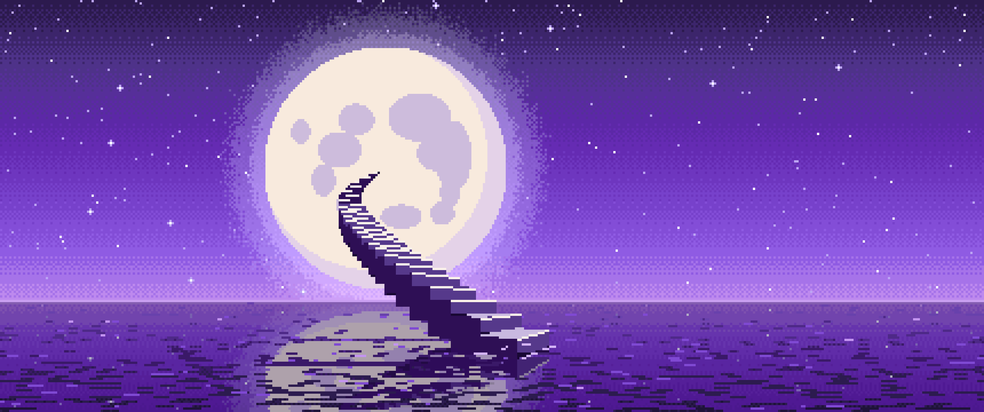Purple Pixel Art Surreal Stairway to the Moon ultrawide wallpaper, 3440 × 1440