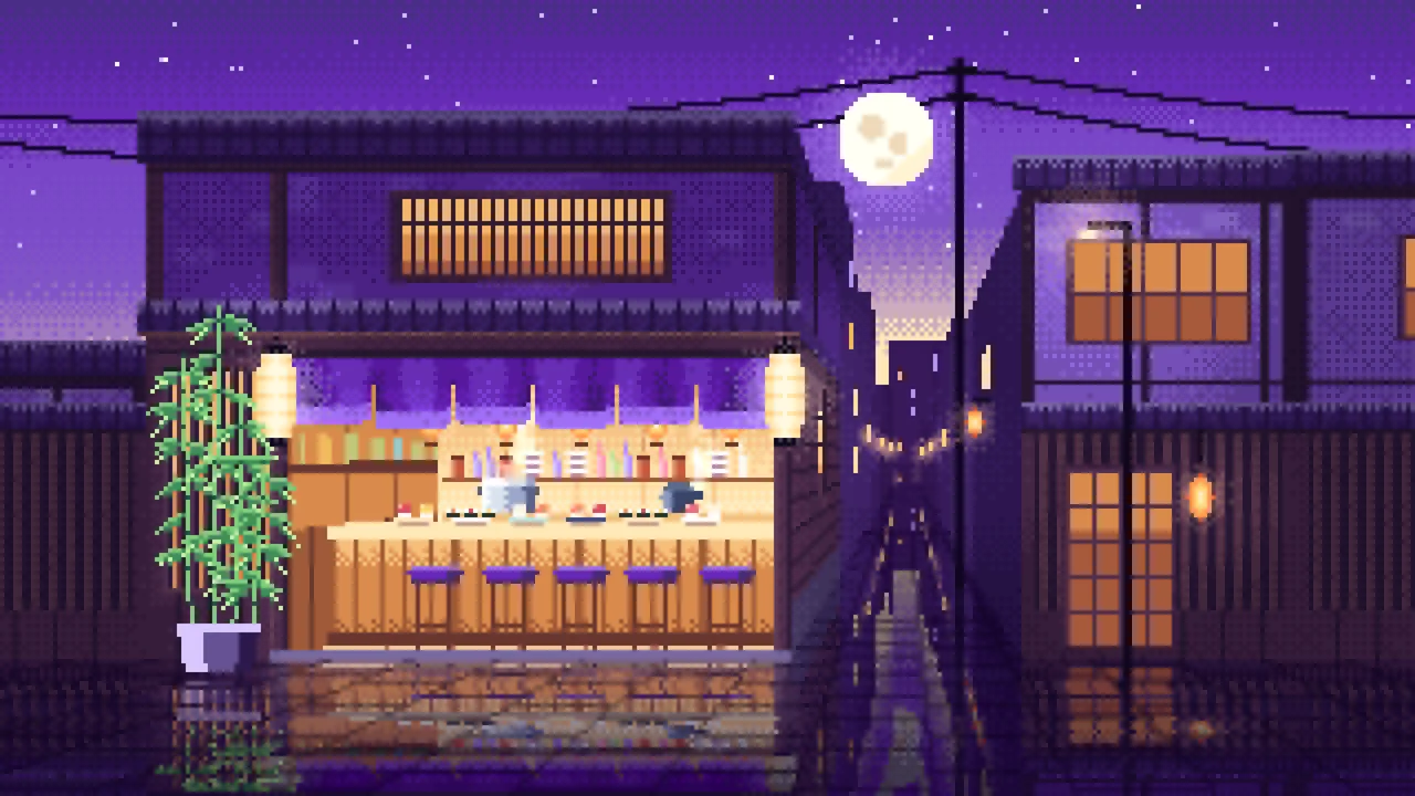 Purple Pixel Art Sushi Bar desktop wallpaper in 4K