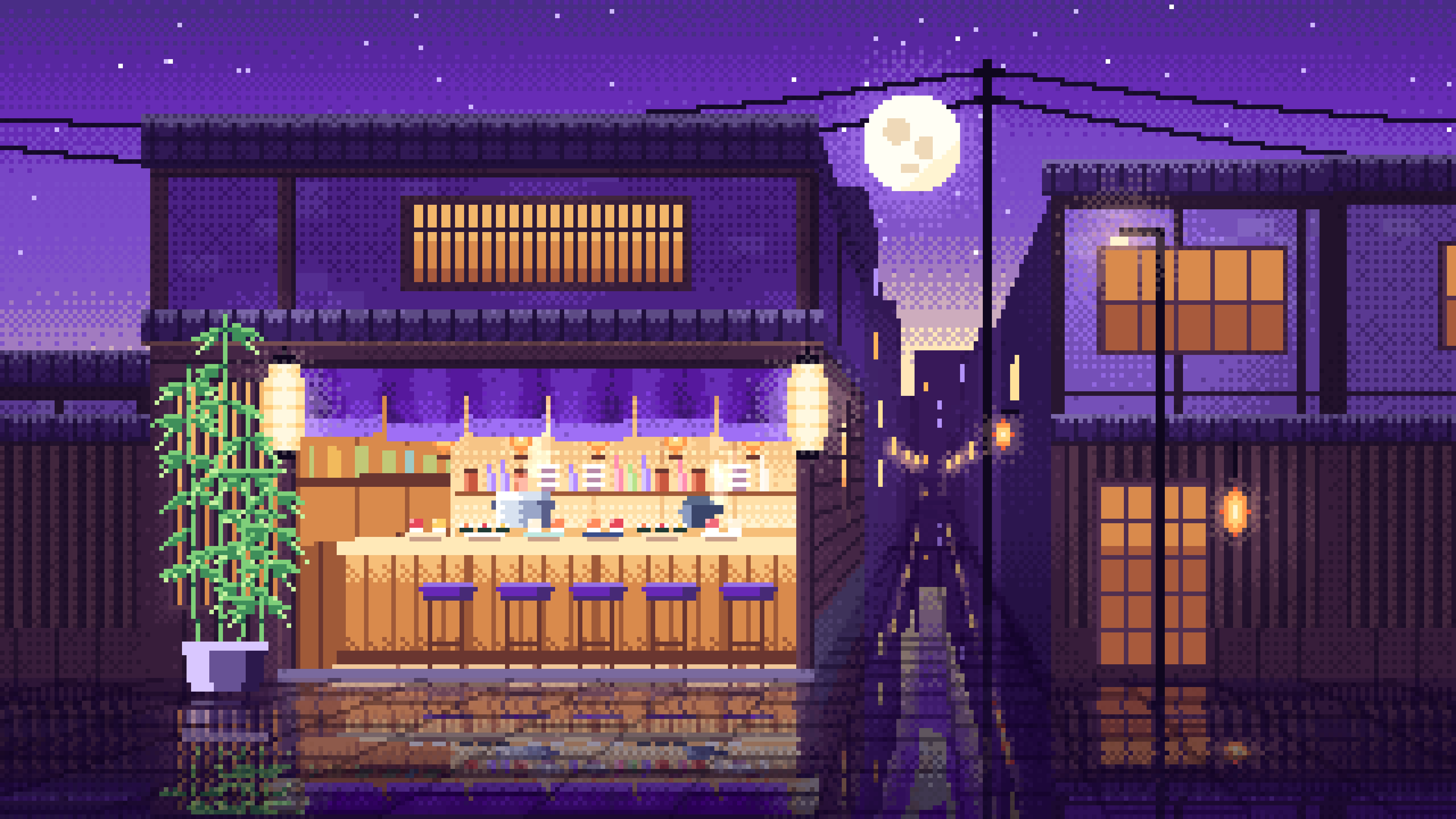 Purple Pixel Art Sushi Bar desktop wallpaper in 4K