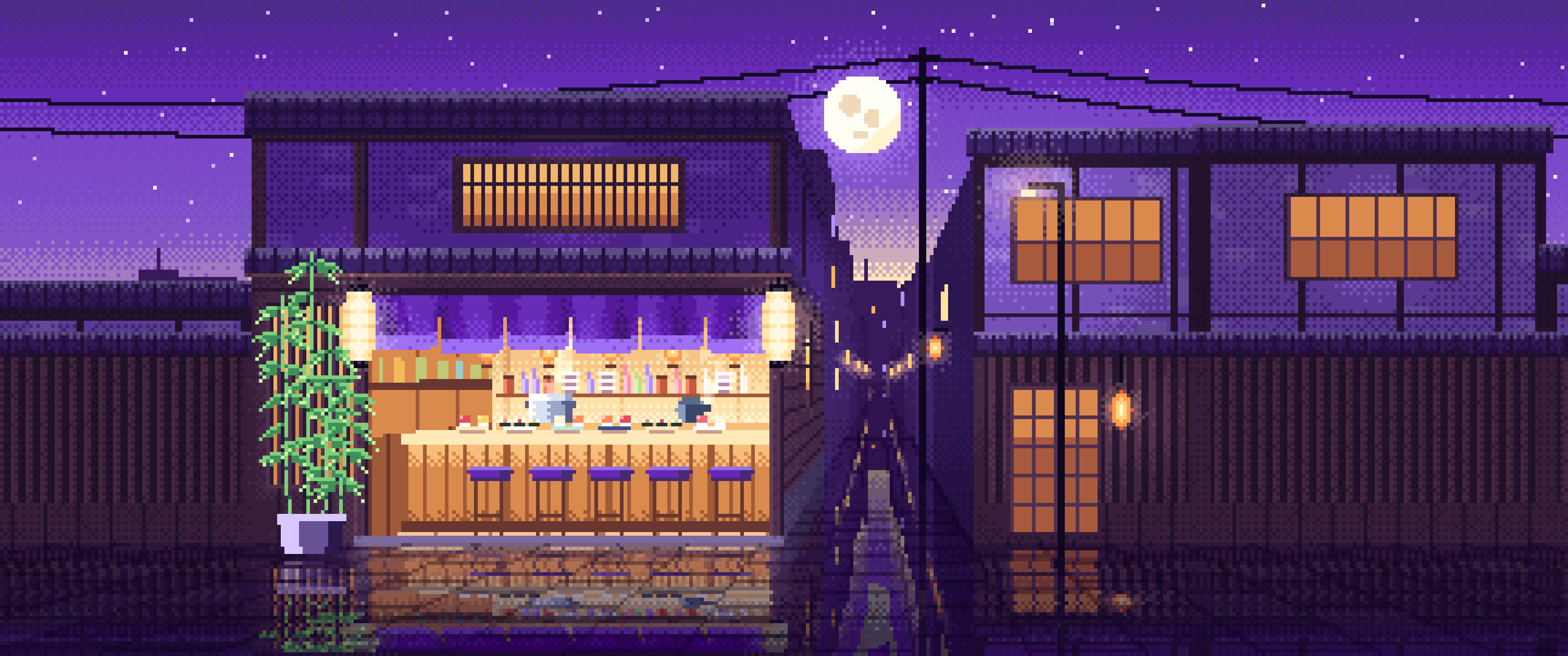 Purple Pixel Art Sushi Bar ultrawide wallpaper, 3440 × 1440