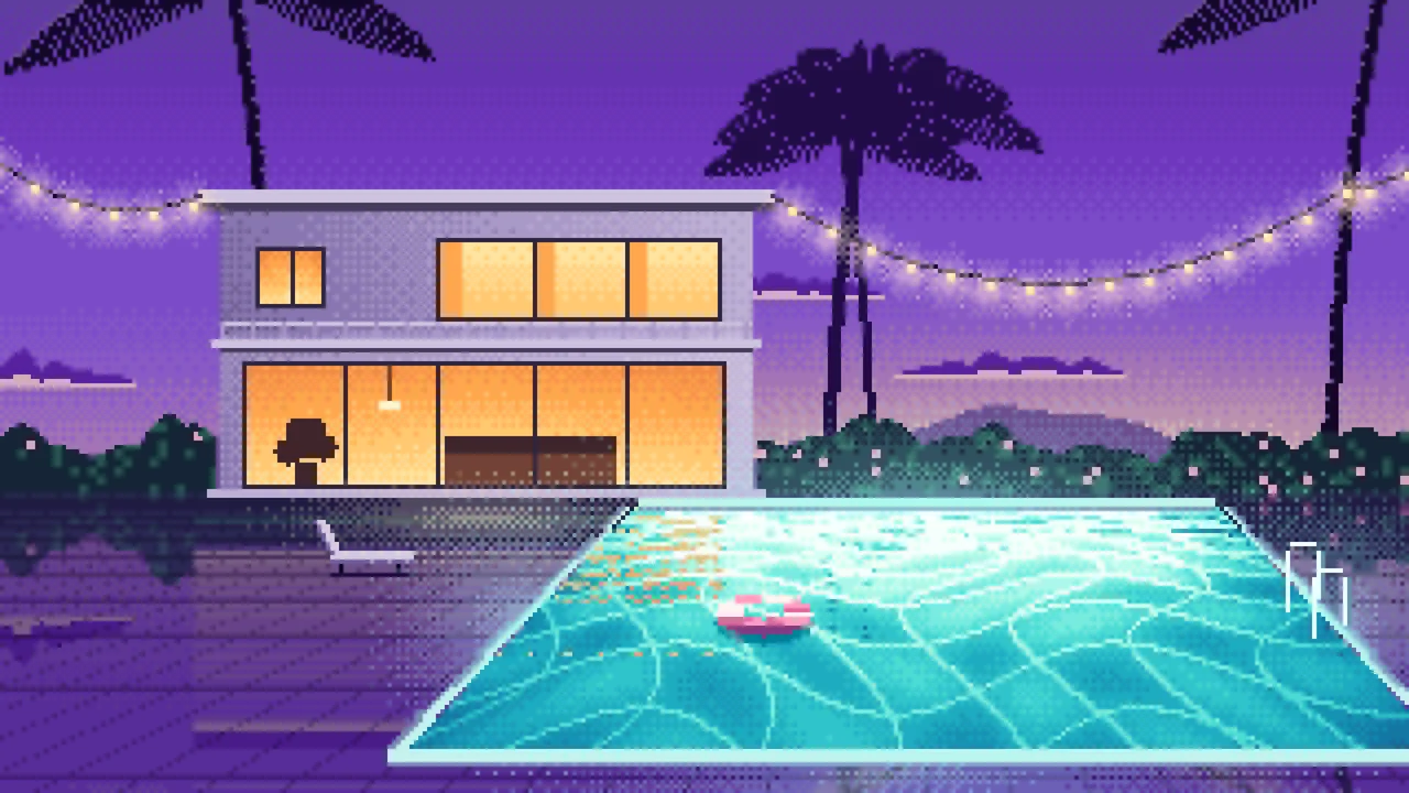 Purple Pixel Art Swimming Pool at Dusk desktop wallpaper in 4K