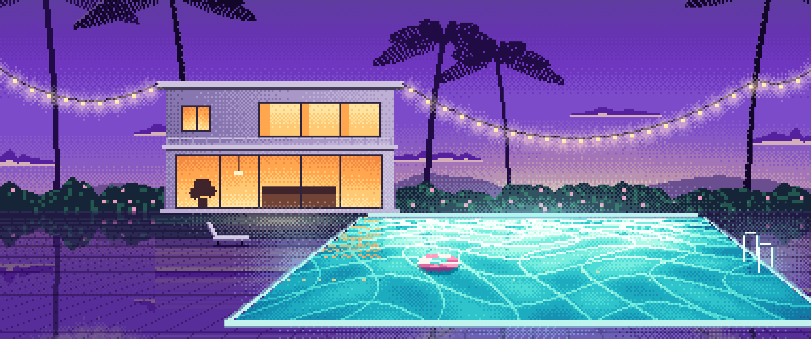 Purple Pixel Art Swimming Pool at Dusk ultrawide wallpaper, 3440 × 1440