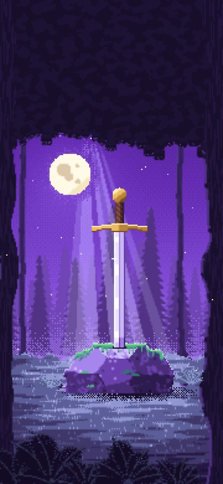 Purple Pixel Art Sword in a Forest Clearing at Night wallpaper for iPhone and Android