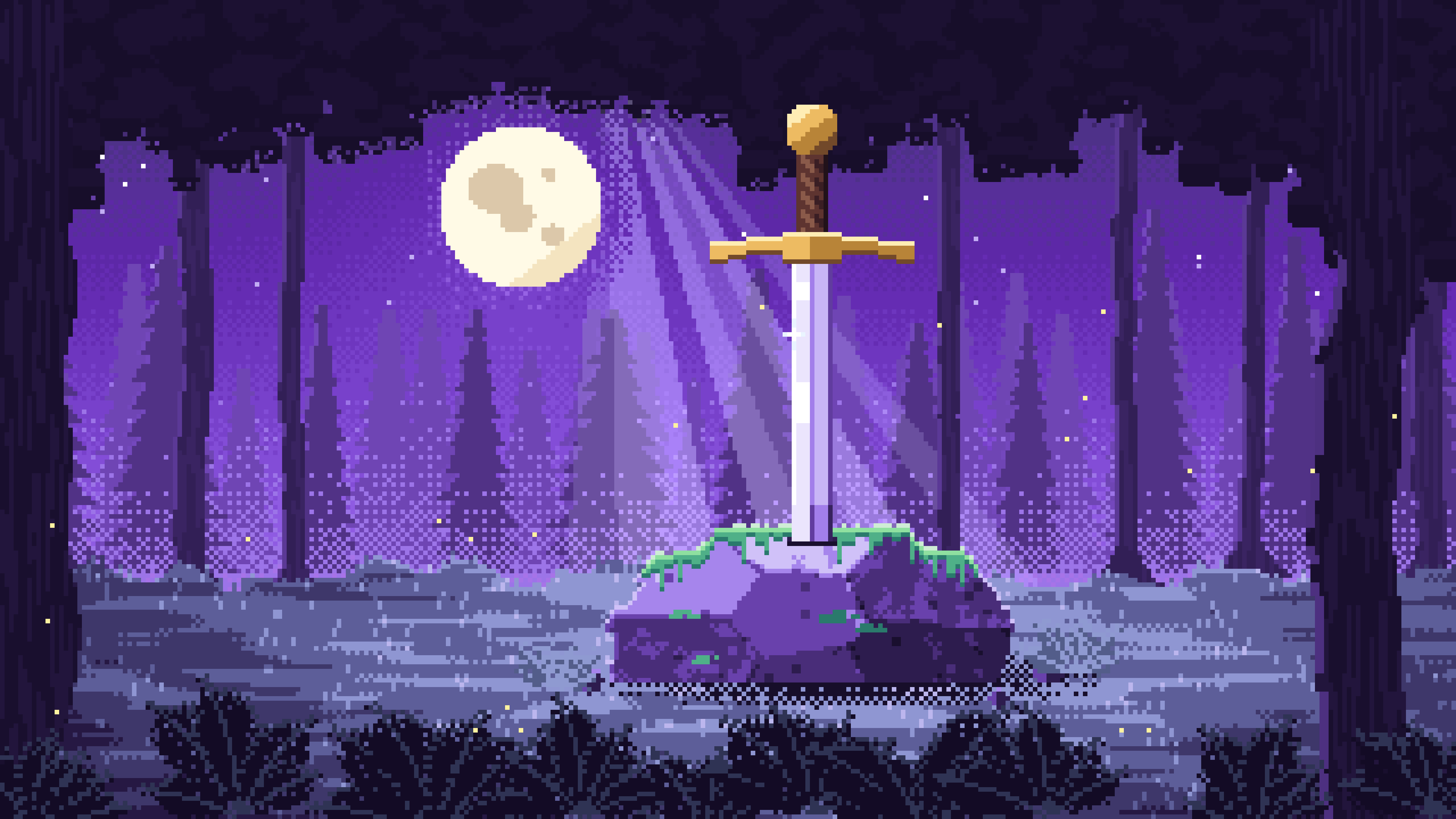 Purple Pixel Art Sword in a Forest Clearing at Night desktop wallpaper in 4K