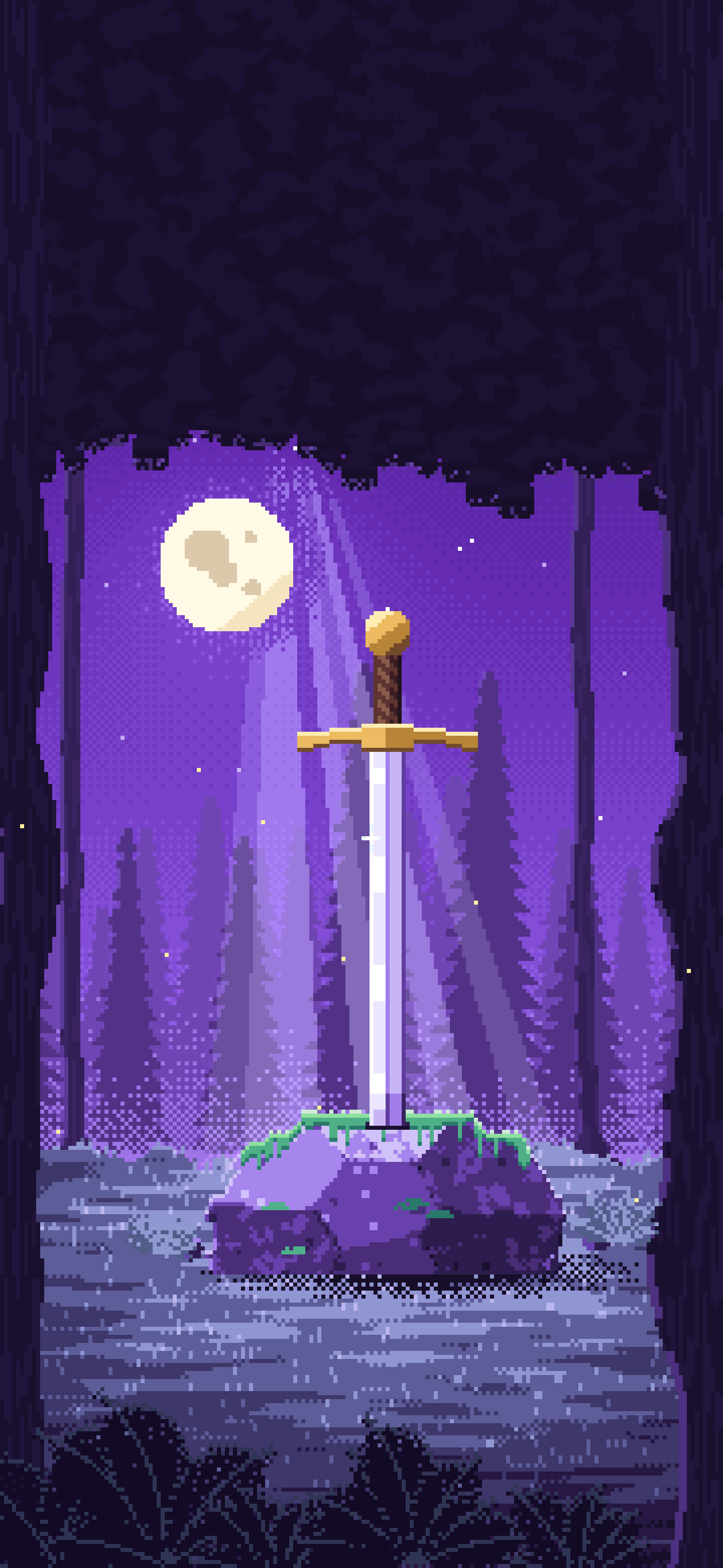 Purple Pixel Art Sword in a Forest Clearing at Night wallpaper for iPhone and Android