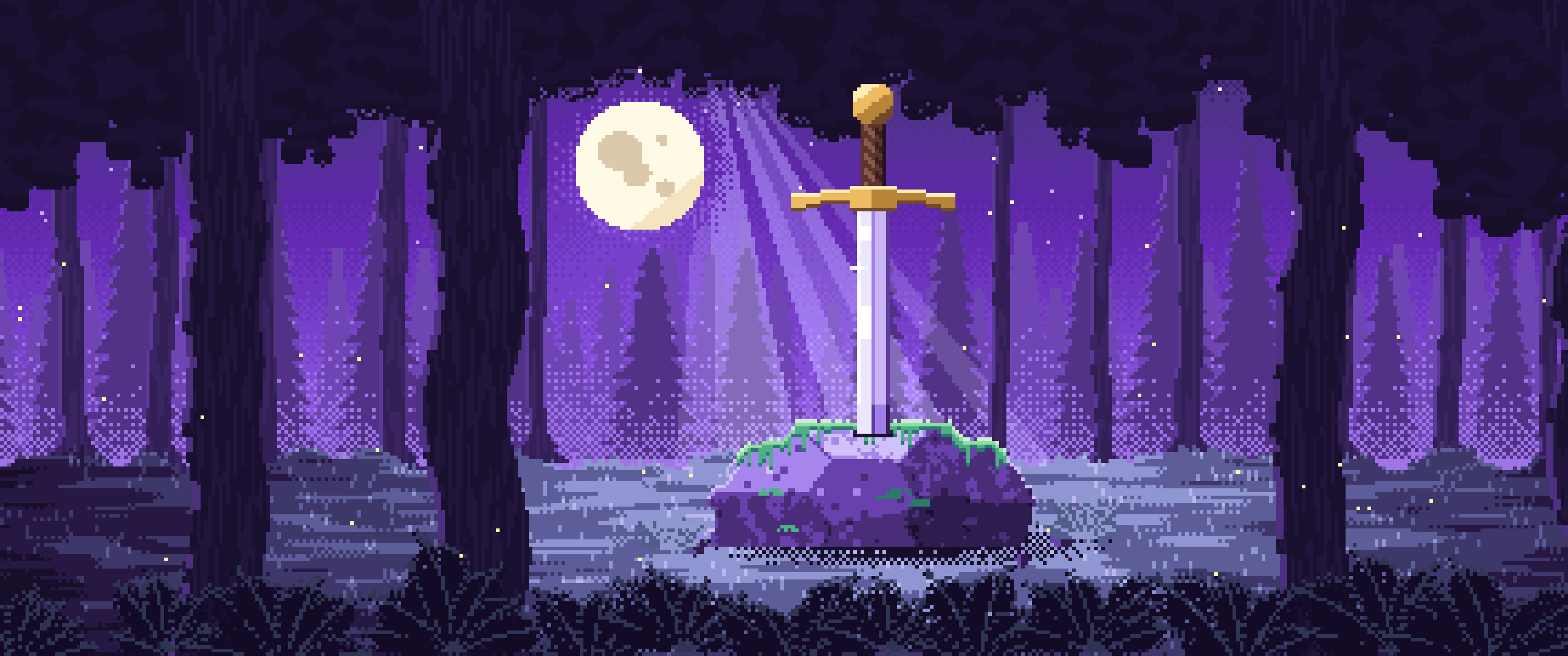Purple Pixel Art Sword in a Forest Clearing at Night ultrawide wallpaper, 3440 × 1440