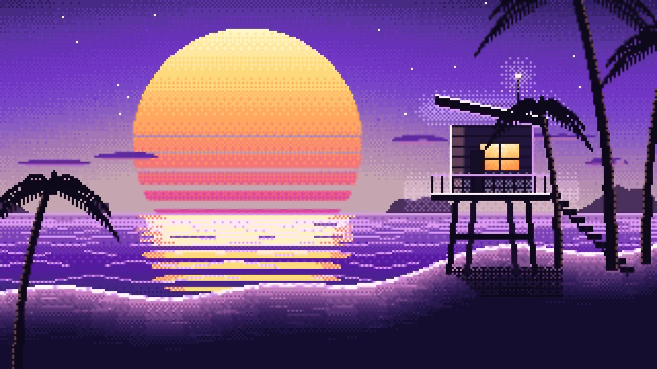 Purple Pixel Art Synthwave Beach desktop wallpaper in 4K