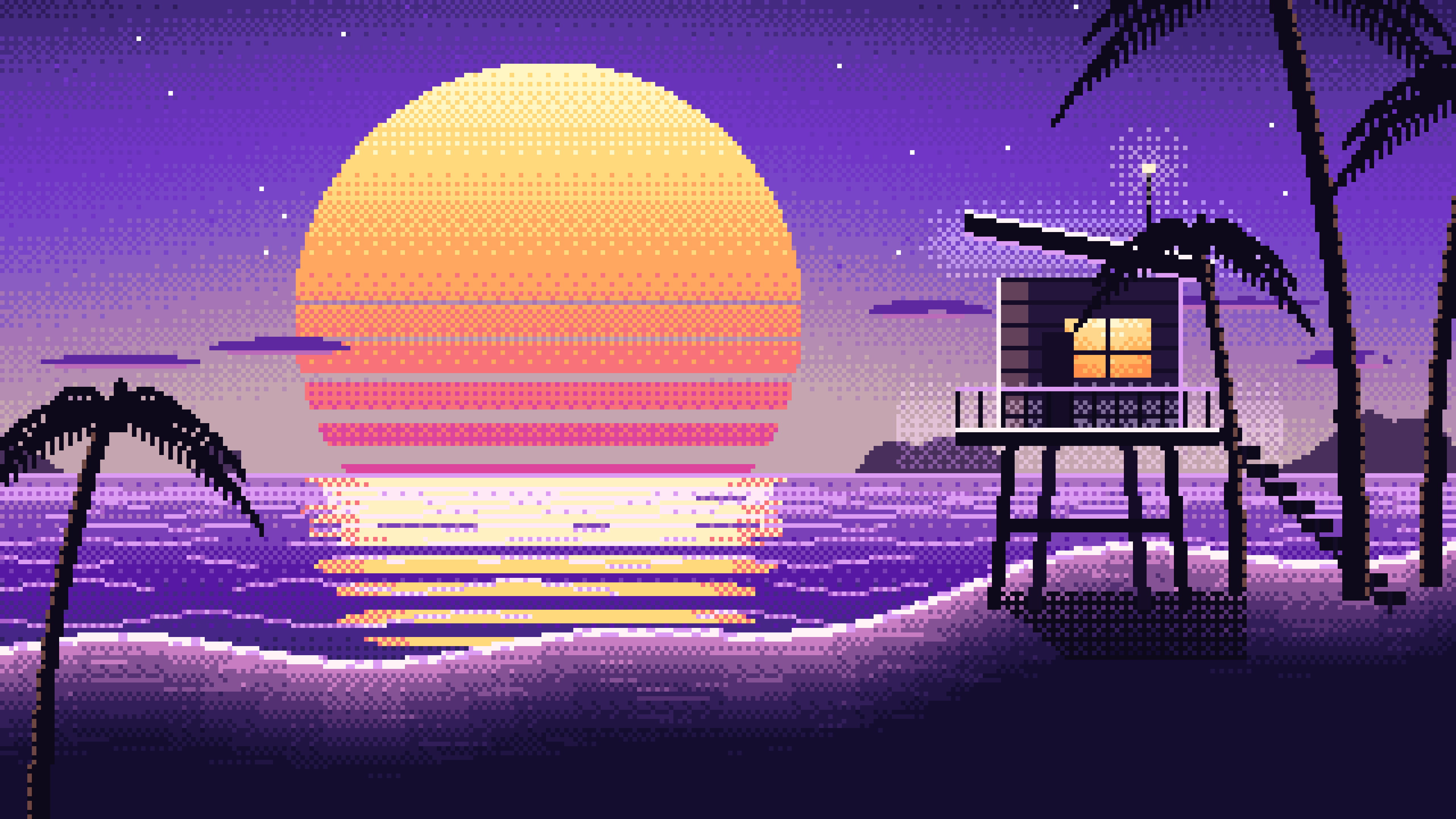 Purple Pixel Art Synthwave Beach desktop wallpaper in 4K