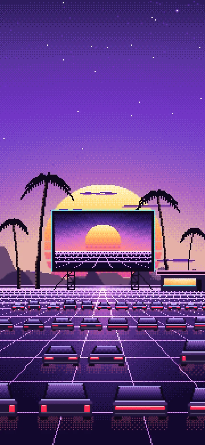 Purple Pixel Art Synthwave Drive-In at Sunset wallpaper for iPhone and Android