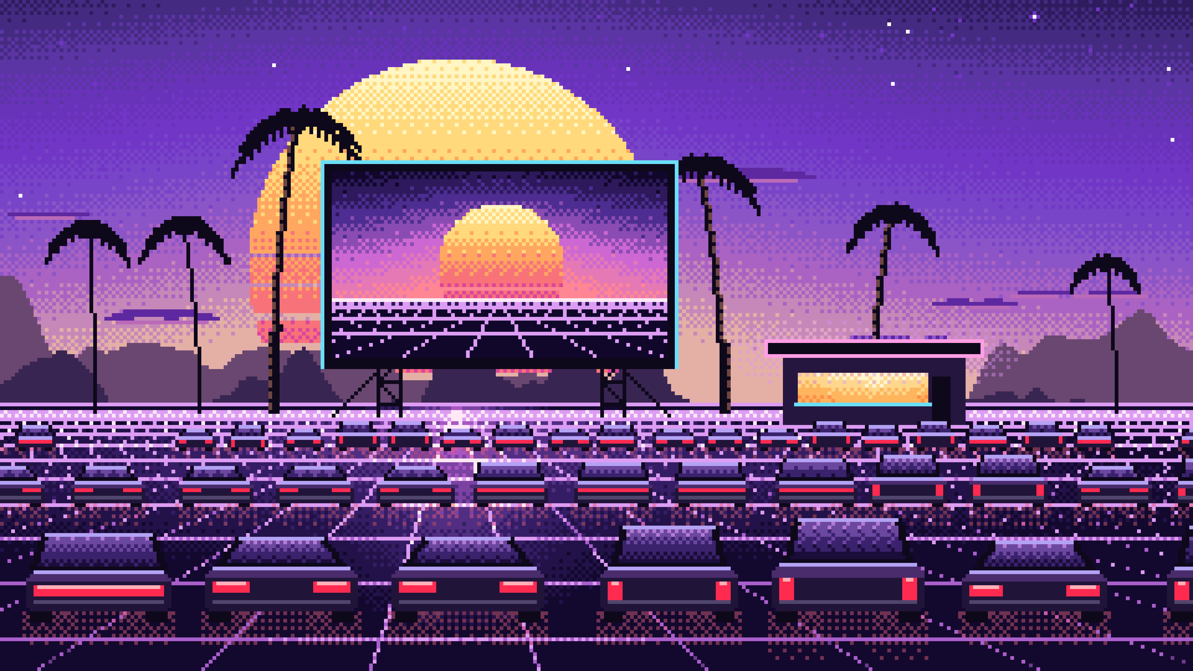 Purple Pixel Art Synthwave Drive-In at Sunset desktop wallpaper in 4K