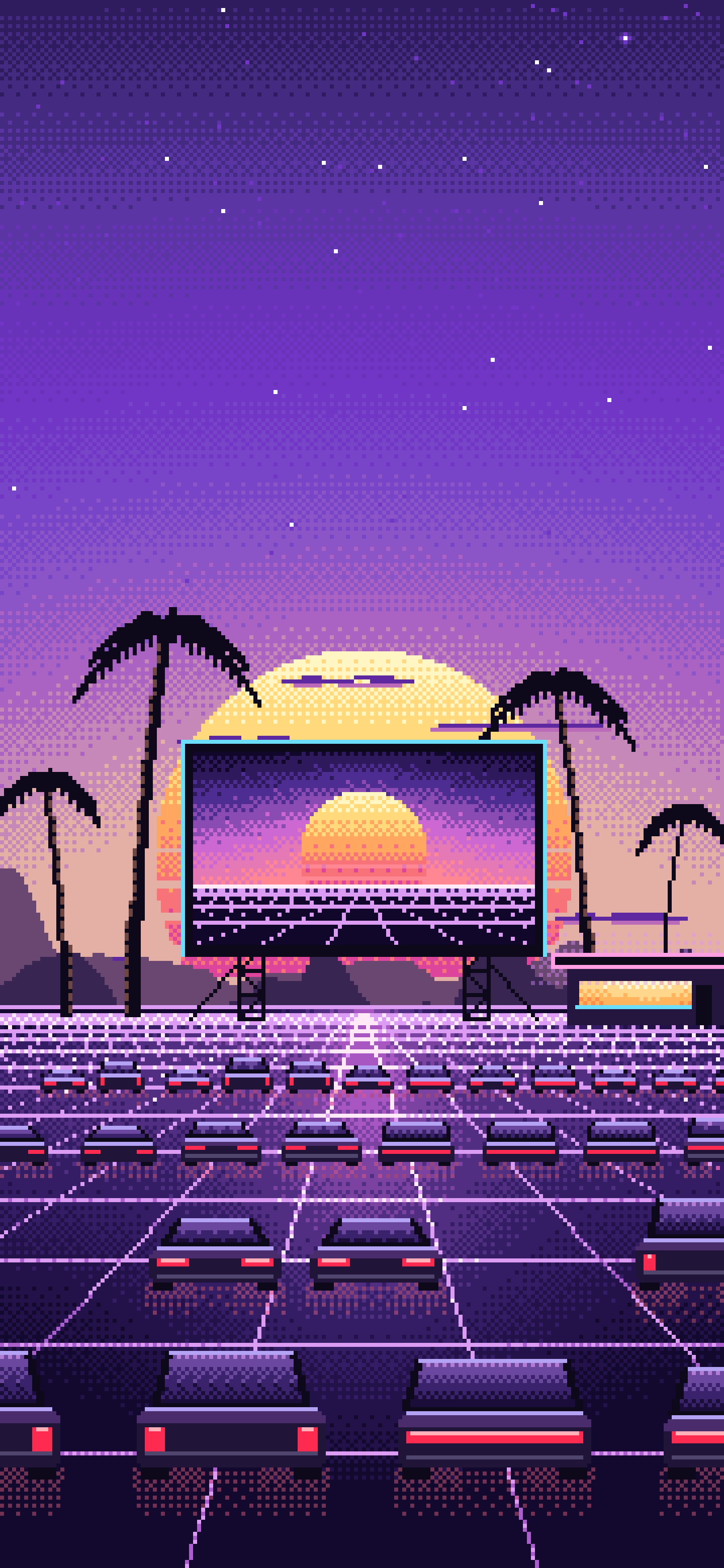 Purple Pixel Art Synthwave Drive-In at Sunset wallpaper for iPhone and Android