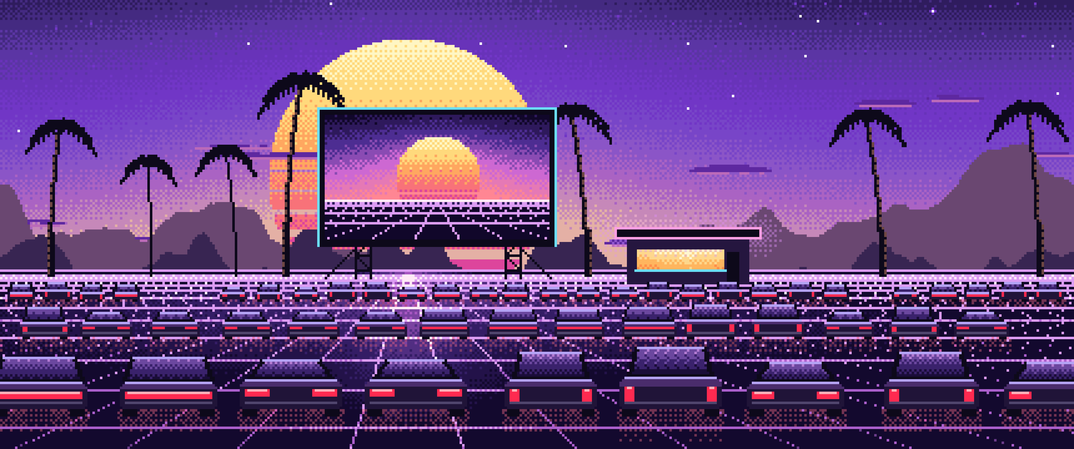 Purple Pixel Art Synthwave Drive-In at Sunset ultrawide wallpaper, 3440 × 1440