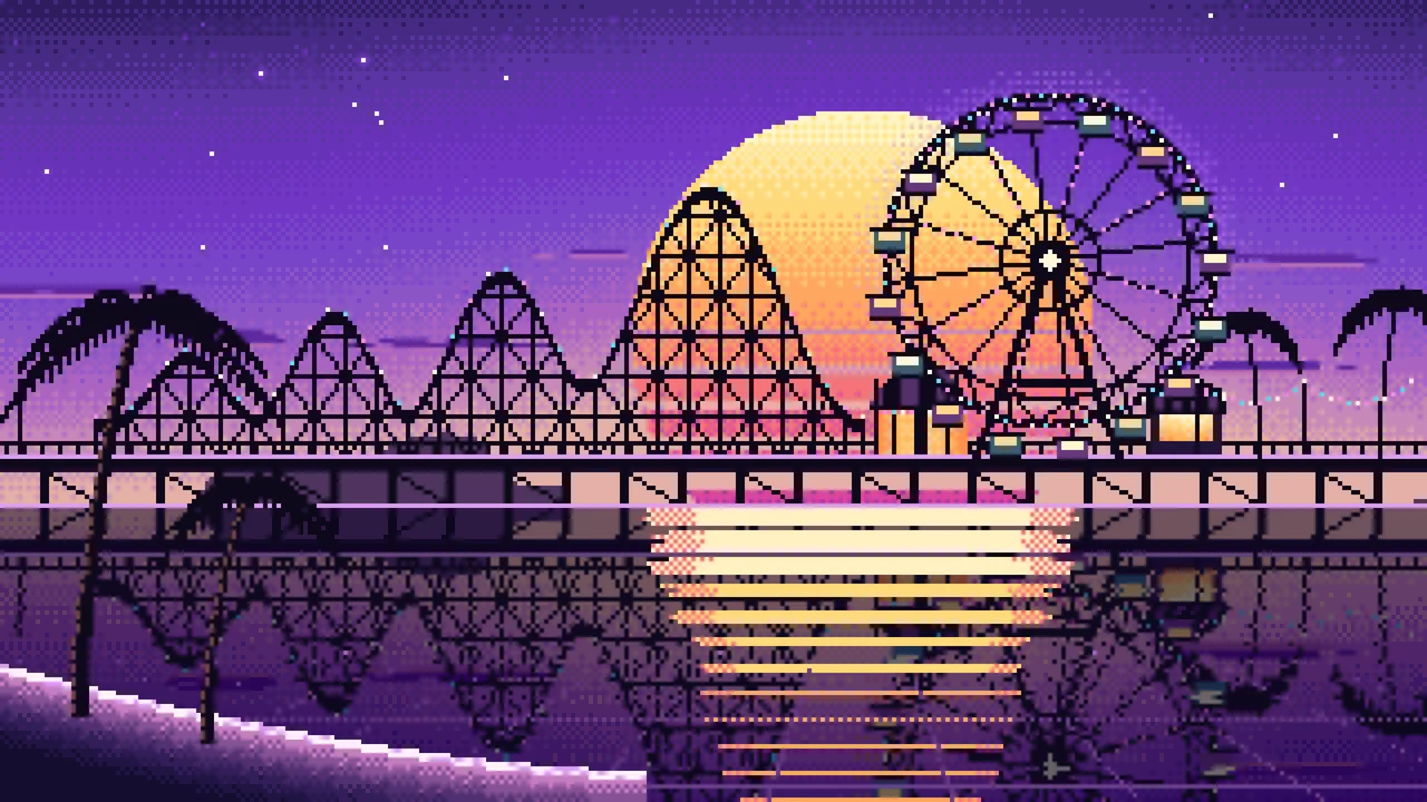 Purple Pixel Art Synthwave Ferris Wheel Pier desktop wallpaper in 4K
