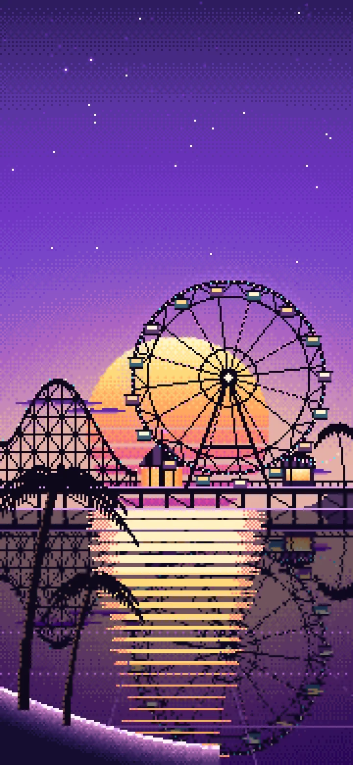 Purple Pixel Art Synthwave Ferris Wheel Pier wallpaper for iPhone and Android