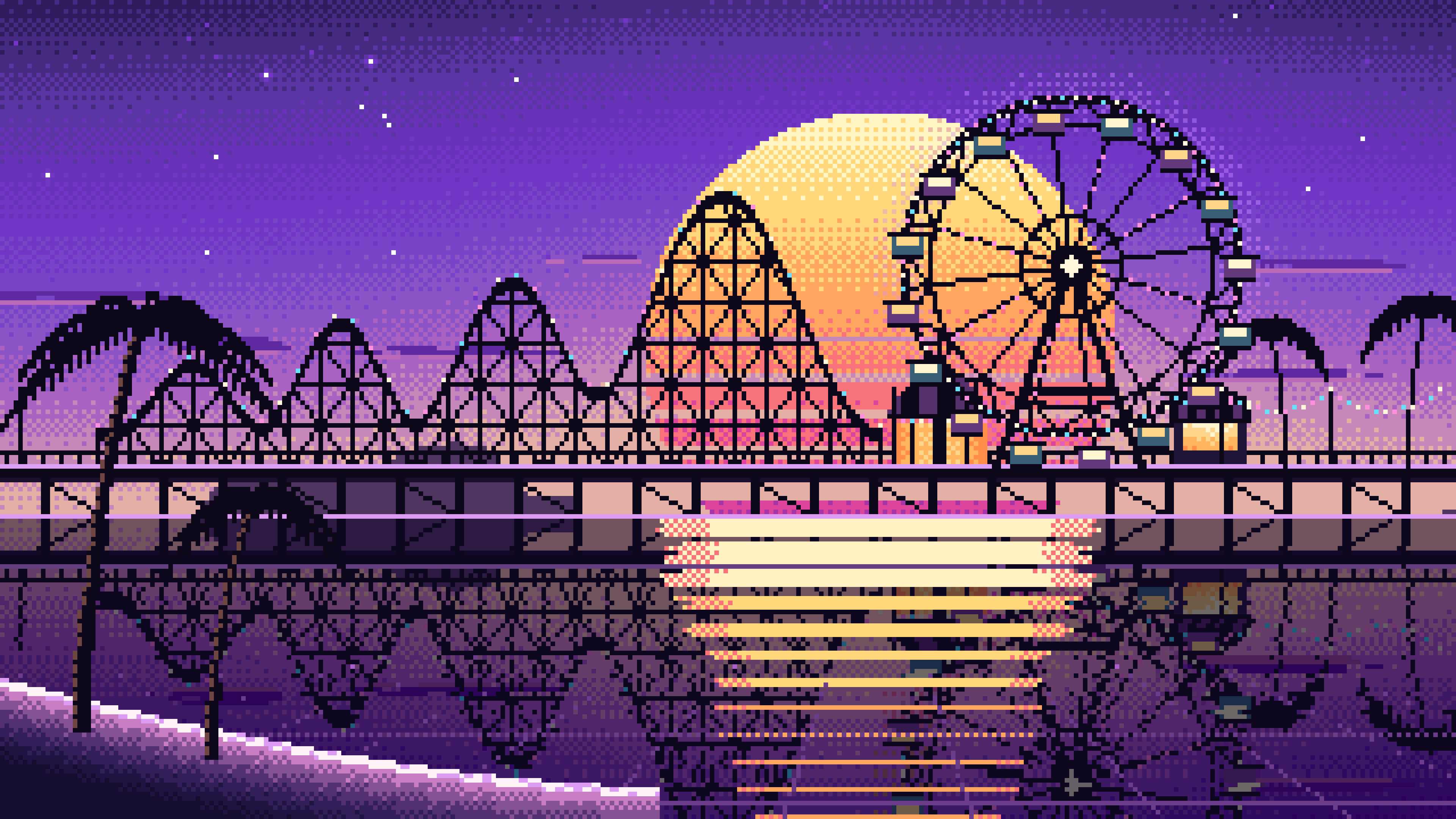 Purple Pixel Art Synthwave Ferris Wheel Pier desktop wallpaper in 4K