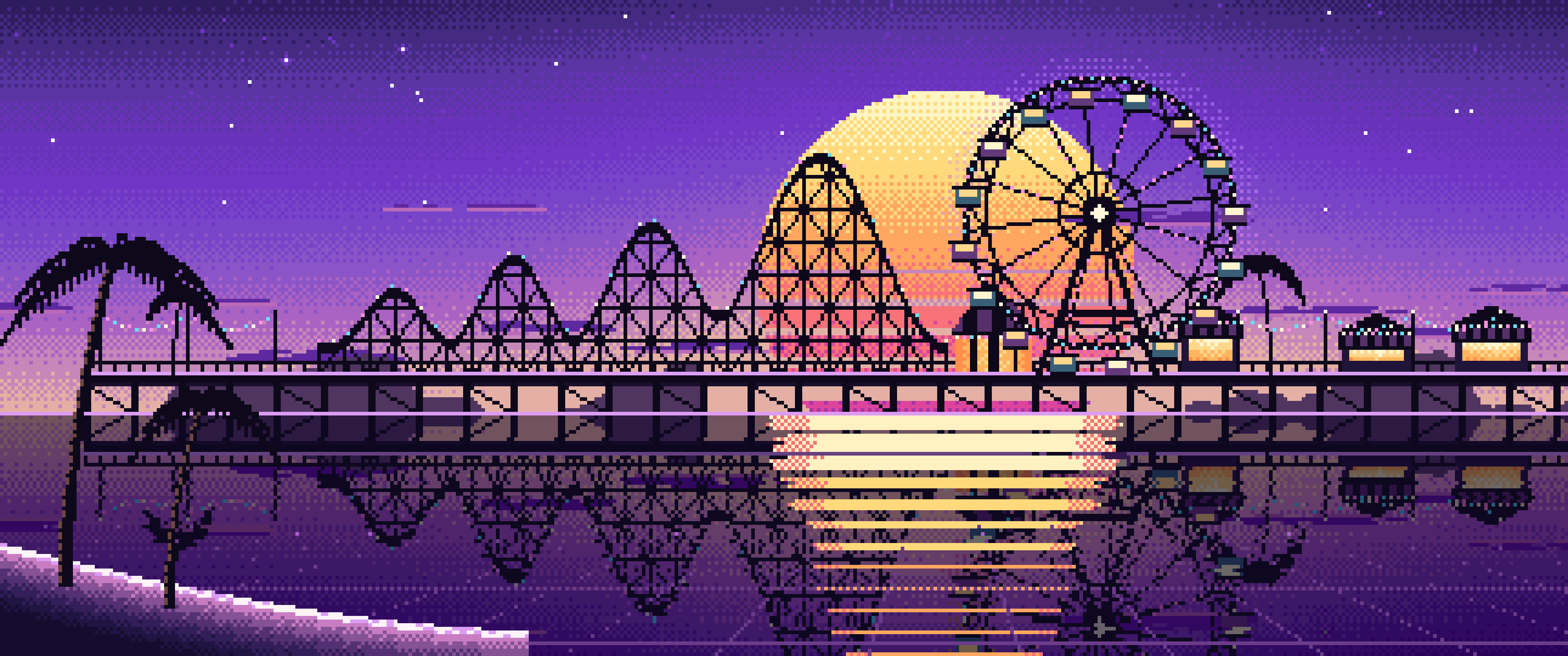 Purple Pixel Art Synthwave Ferris Wheel Pier ultrawide wallpaper, 3440 × 1440