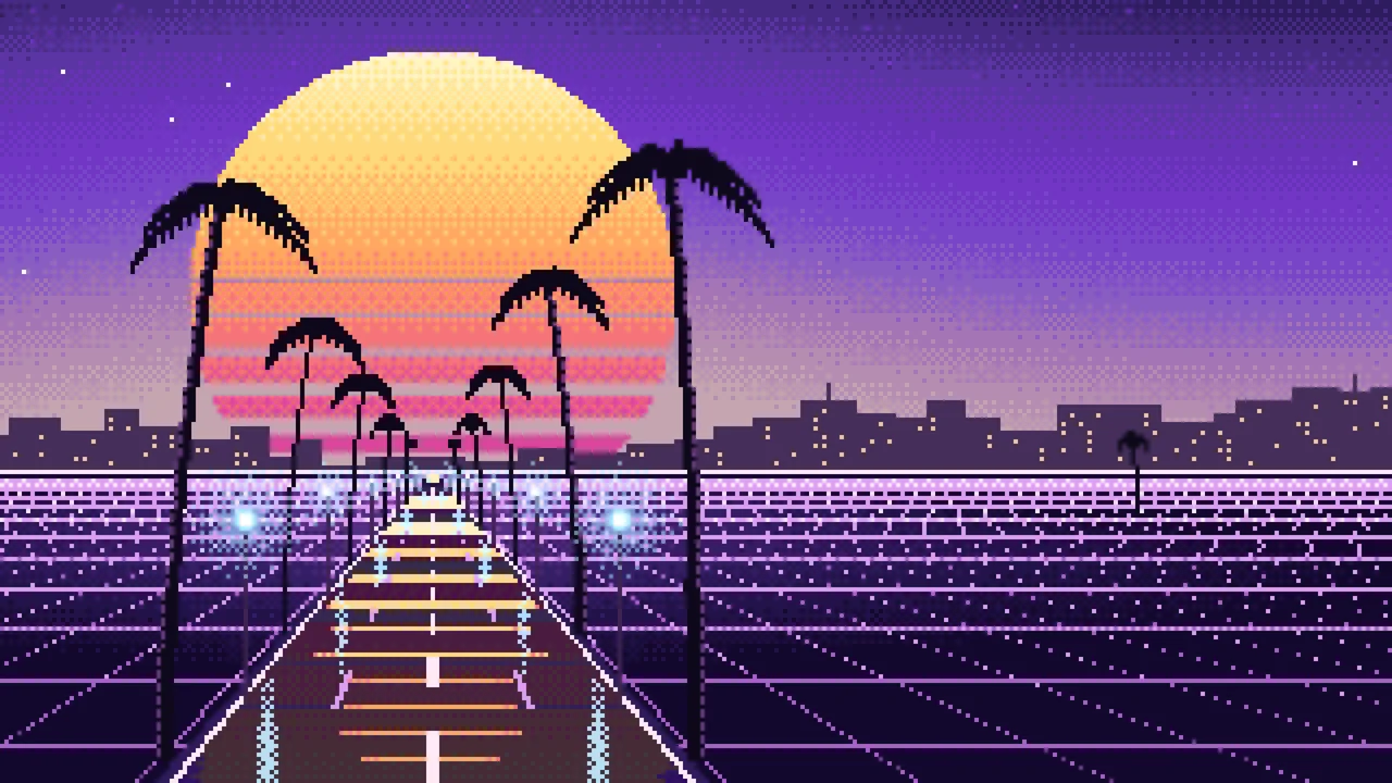 Purple Pixel Art Synthwave Palm Boulevard desktop wallpaper in 4K