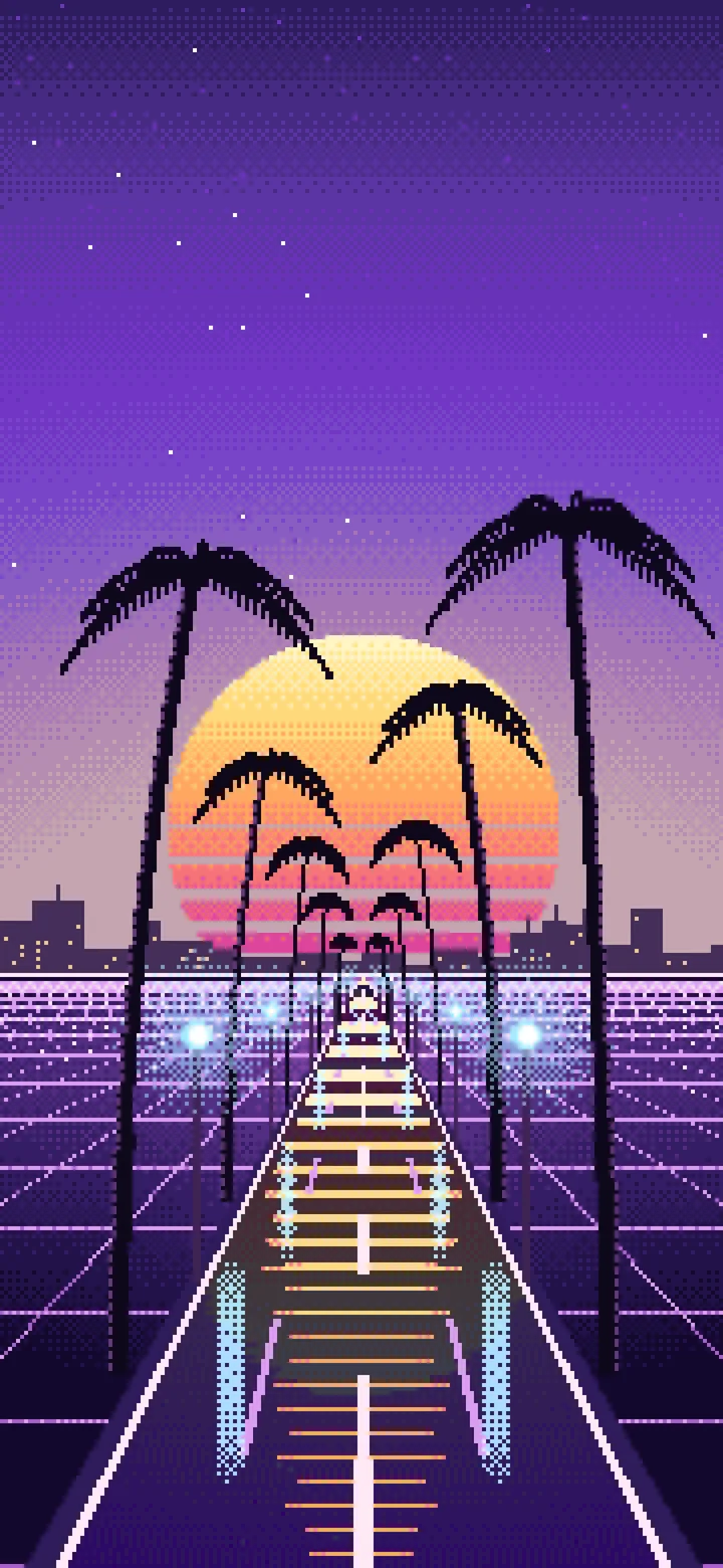 Purple Pixel Art Synthwave Palm Boulevard wallpaper for iPhone and Android