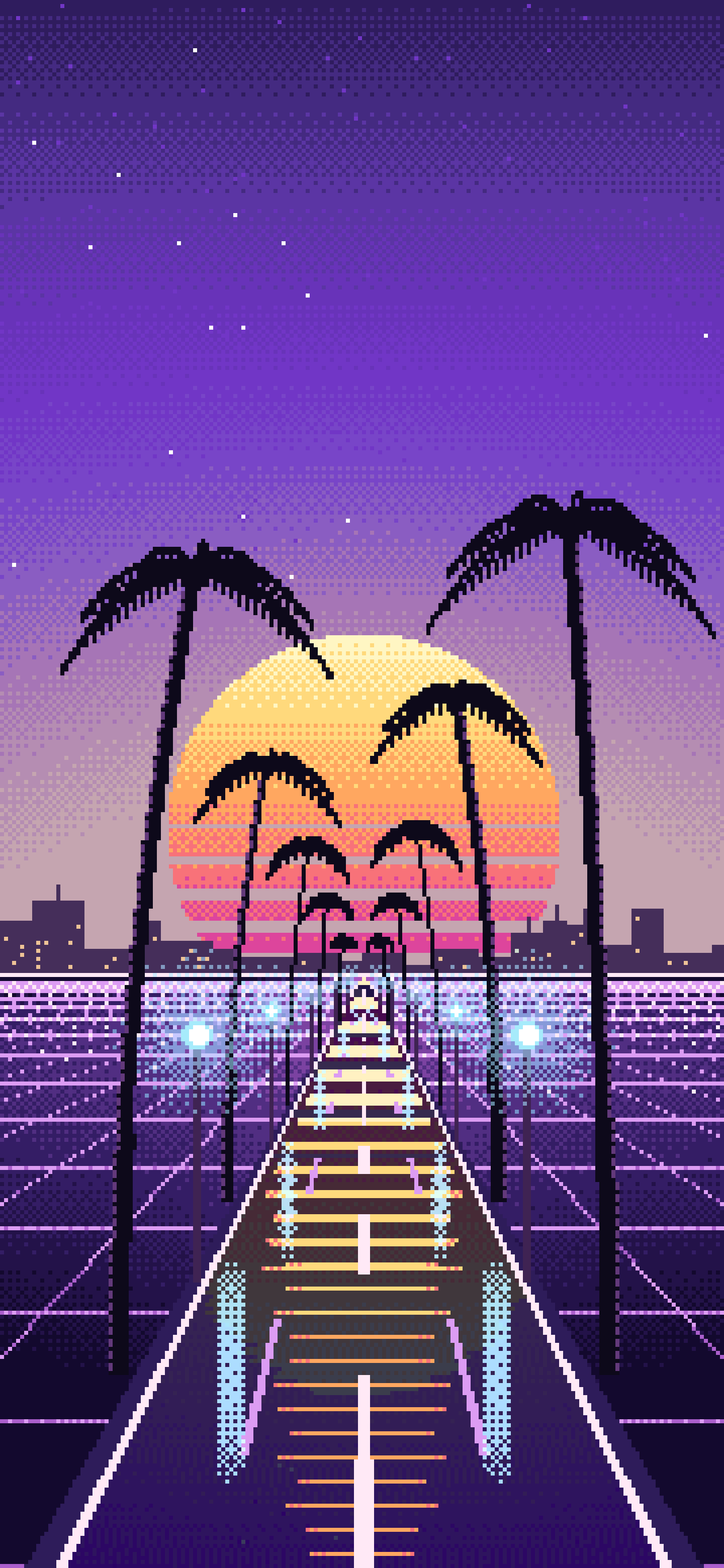 Purple Pixel Art Synthwave Palm Boulevard wallpaper for iPhone and Android